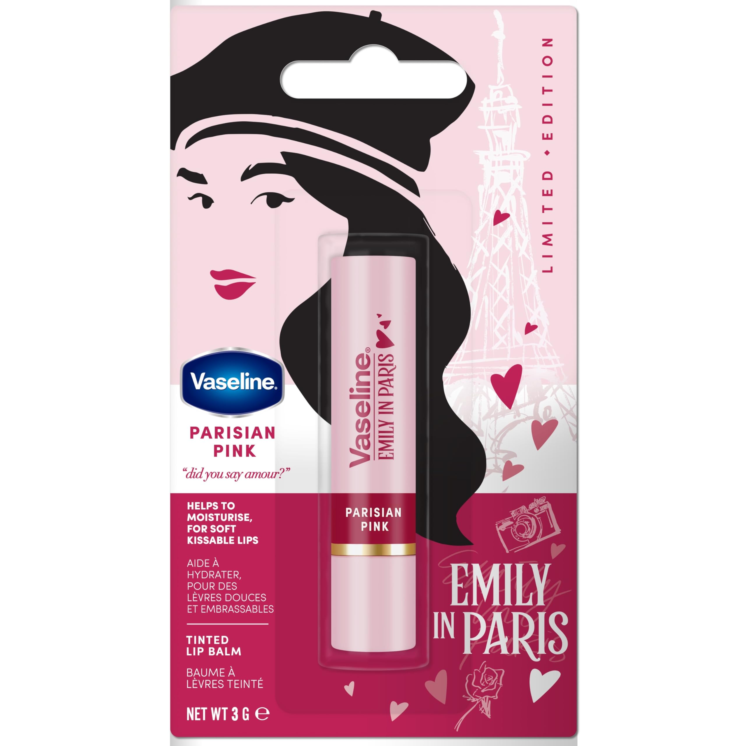 Vaseline LP Lip Balm with Color, Emily Parisian Pink, 3g, 24-Hour Moisture Supply with 9% Vaseline, Intense Pink - Image 2
