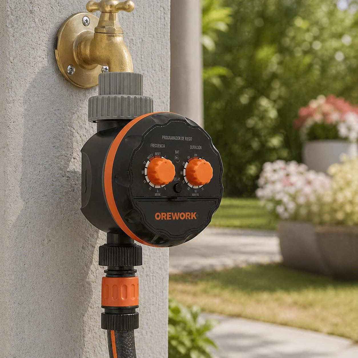 OREWORK Programador de Grifo Presión Cero 2 Botones, Temporizador de Riego Automático 0-7 Bar, Frecuencia 1 Hora a 7 Días, Duración 1-120 Min, Función Delay, Válvula Motorizada