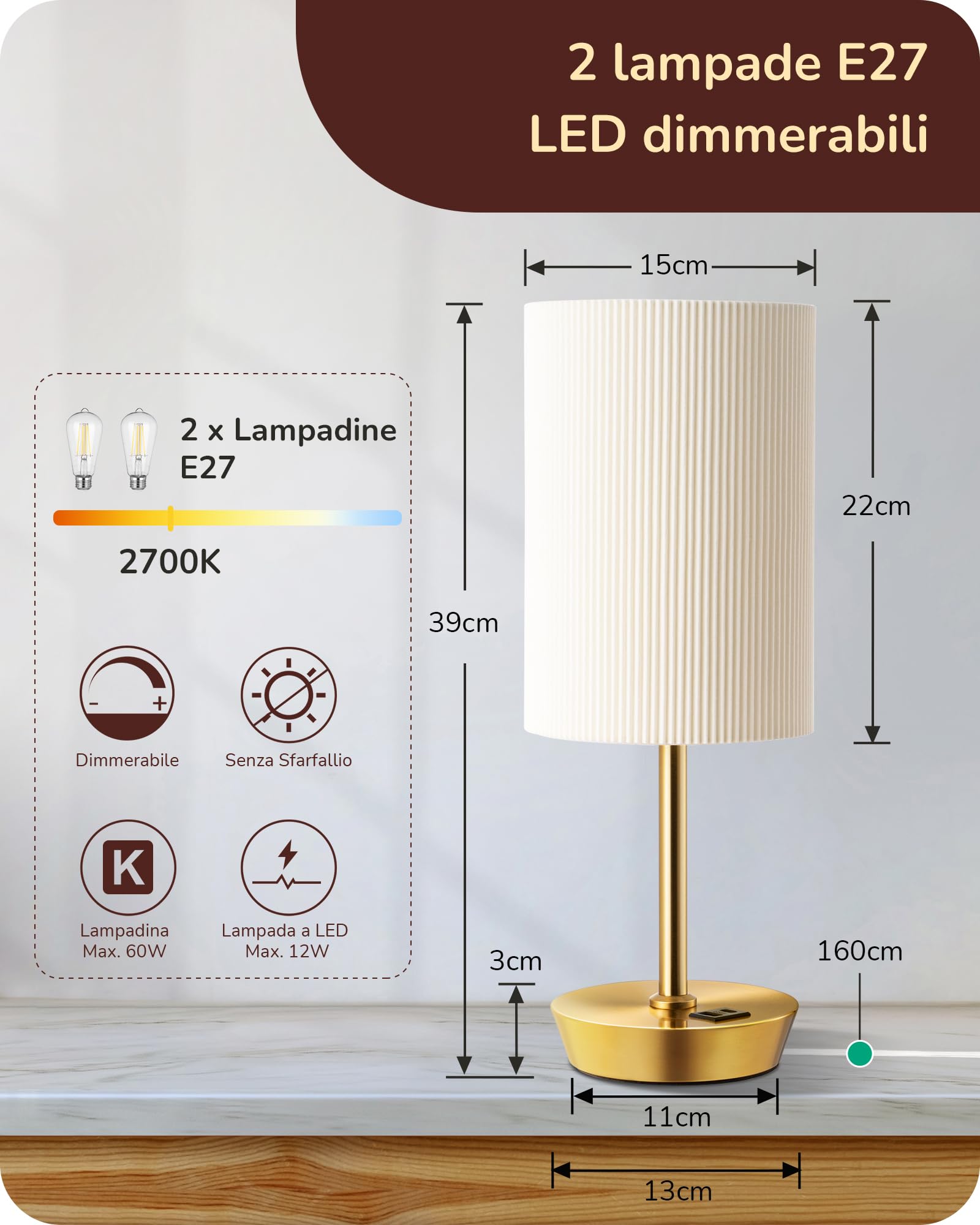 EDISHINE 2 Lampade da Comodino LED, Dimmer Touch, 2 USB, Oro | Funzione di Ricarica, 5 V / 2,1 A, LED 2700 K Inclusa per Camera, Soggiorno, Davanzale, 28 cm