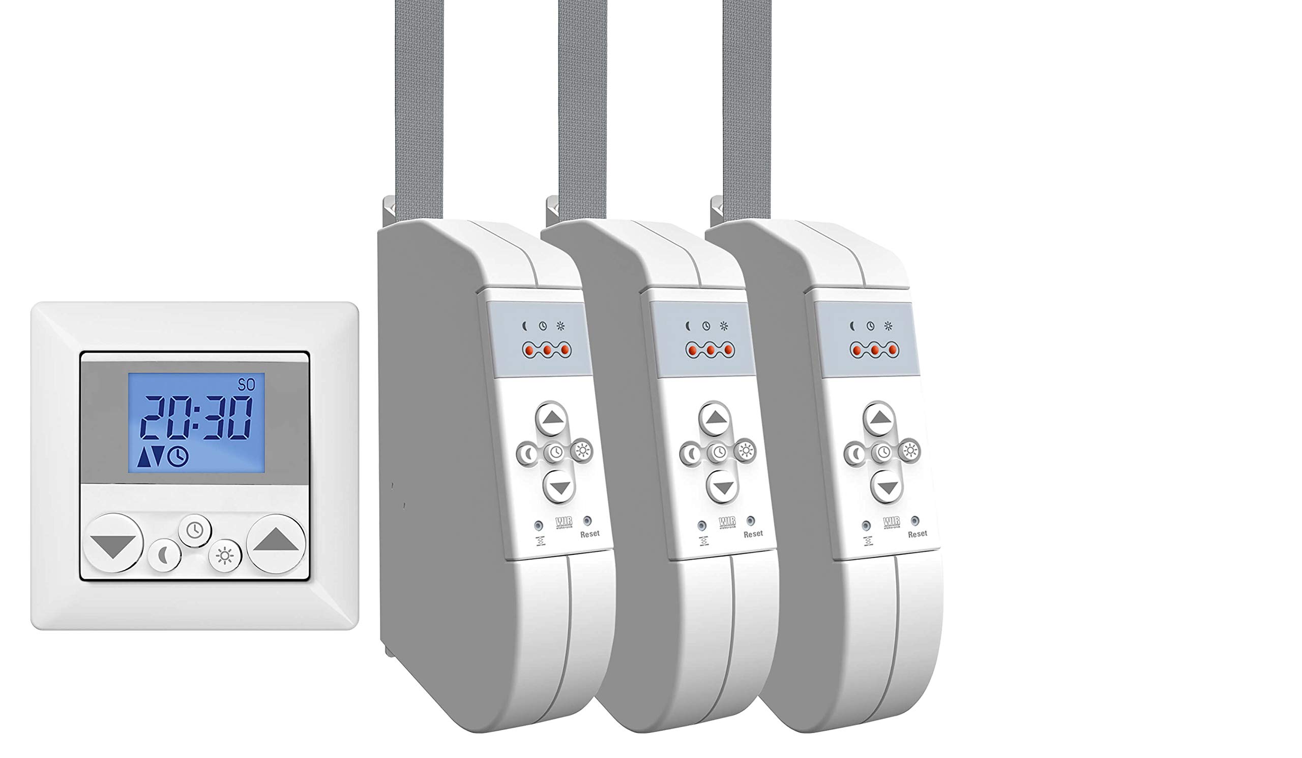 WIR elektronik, eWickler Standard 3 Fenster Funk-Set, eW930-F-M, 3x elektrischer Gurtwickler + 1x Funkuhr eU140, für 15mm Gurtband, Aufputz, bis 45Kg, Fahrtzeiten einstellbar, inkl. Netzstecker