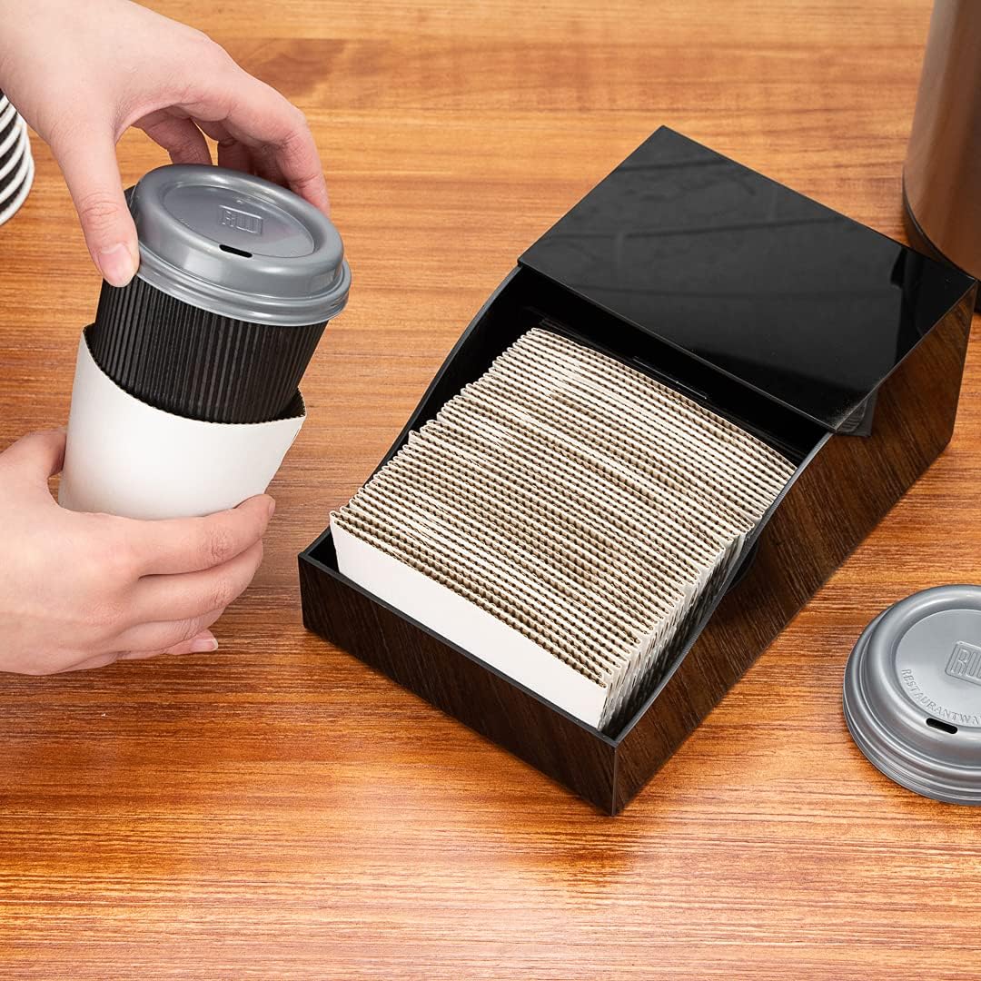 Restaurantware-9.6 x 5.9 x 3.8 Inch Coffee Cup Sleeve Dispenser, 1 Horizontal Coffee Sleeve Holder - Spring-Loaded Design, Holds Up To 50 Sleeves, Black Acrylic Organizer, Durable