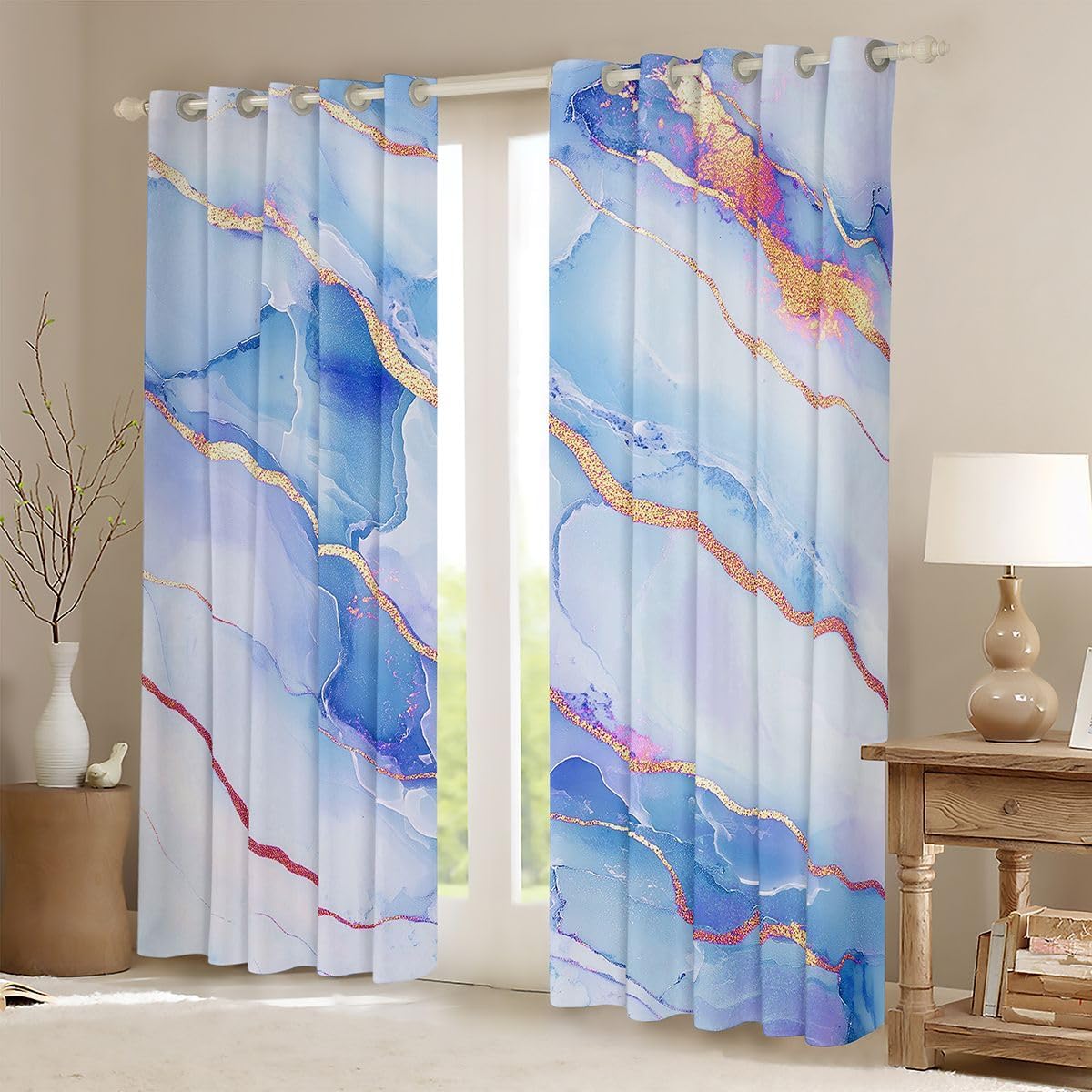 Feelyou Blue Marble Curtains for Bedroom Modern Marble Aesthetic Blackout Shades Retro Watercolor Artwork Design Room Darkening Curtain Window Treatments, 2 Panels 38 x 45 Inch Decor image 2