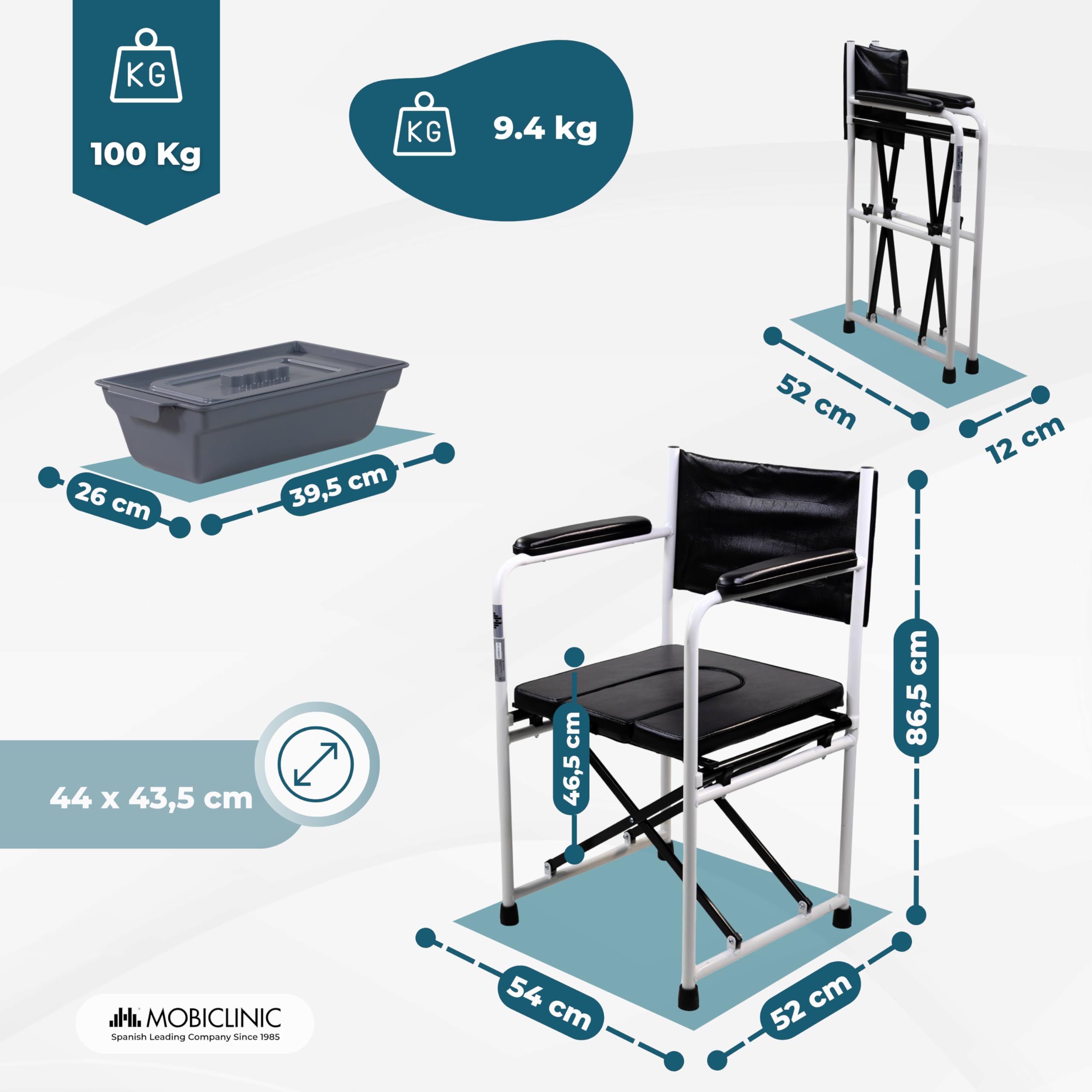 Mobiclinic®, Sedia Comoda WC, Pieghevole, Ebro, con Braccioli, Seduta Imbottita, Secchiello e Coperchio Rimovibili, Terminali Antiscivolo, Max. 100 Kg, Acciaio Cromato