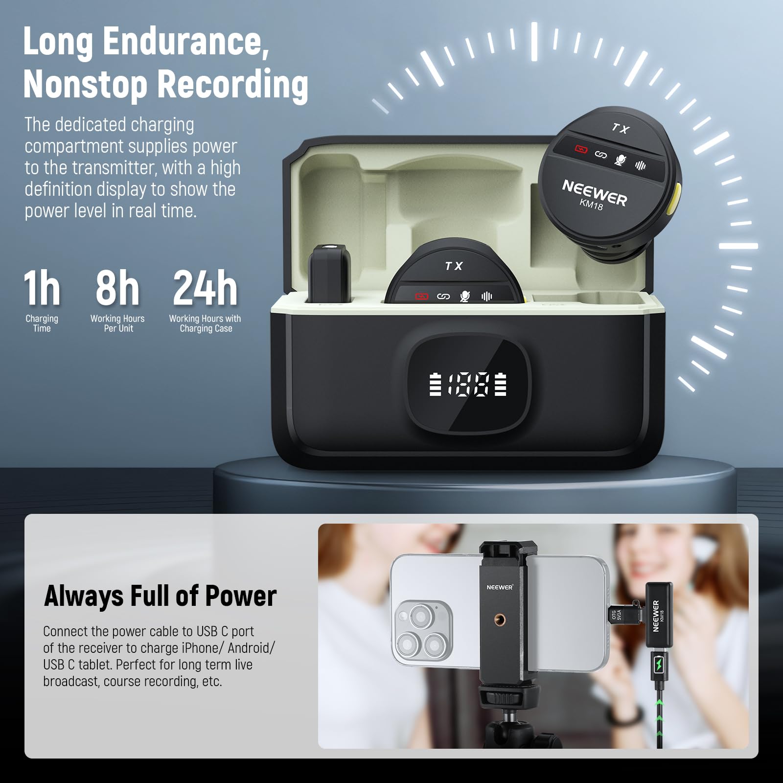 NEEWER Bezprzewodowy mikrofon krawatowy do iPhone'a z redukcją szumów, miniaturowy mikrofon na klipsie, etui ładujące USB C OTG, bateria 24H, zasięg 200 m, kompatybilny z iPhone 16 15