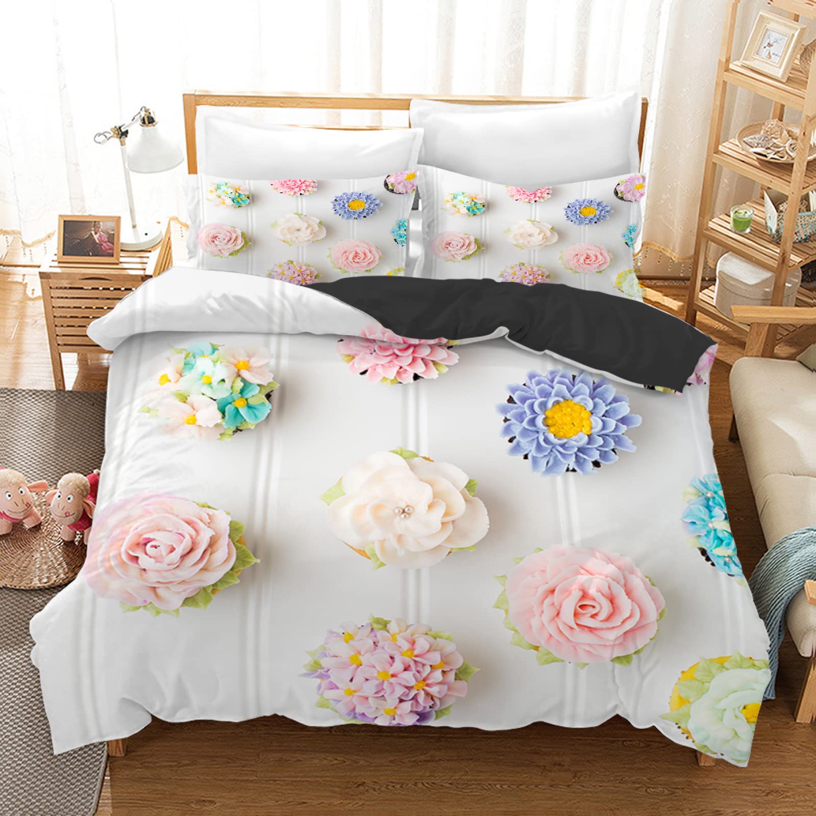 Parure de lit 90x190 enfant housse de couette fille garçon ado microfibre motif floral blanc