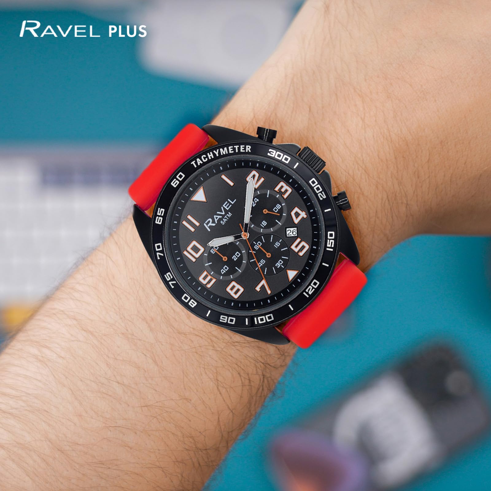 Ravel Plus - Montre de Sport pour Hommes (46 mm) Chronographe Noir, Bracelet en Silicone - Quartz Analogique Japonais - RP.CHR.01-04M