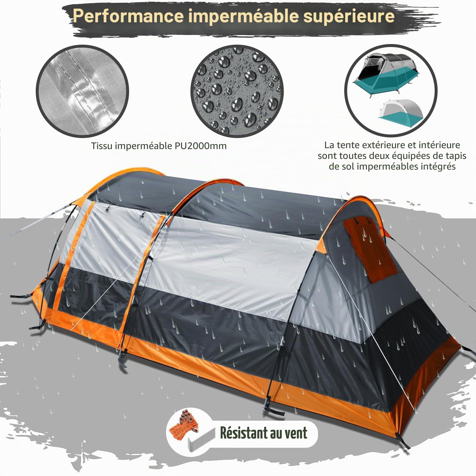 Chihee Tente de camping tunnel 4 personnes tente familiale avec 2 portes extra résistant aux intempéries tente 4 saisons avec double tapis de sol imperméable avec sac de transport pour voyage en plein