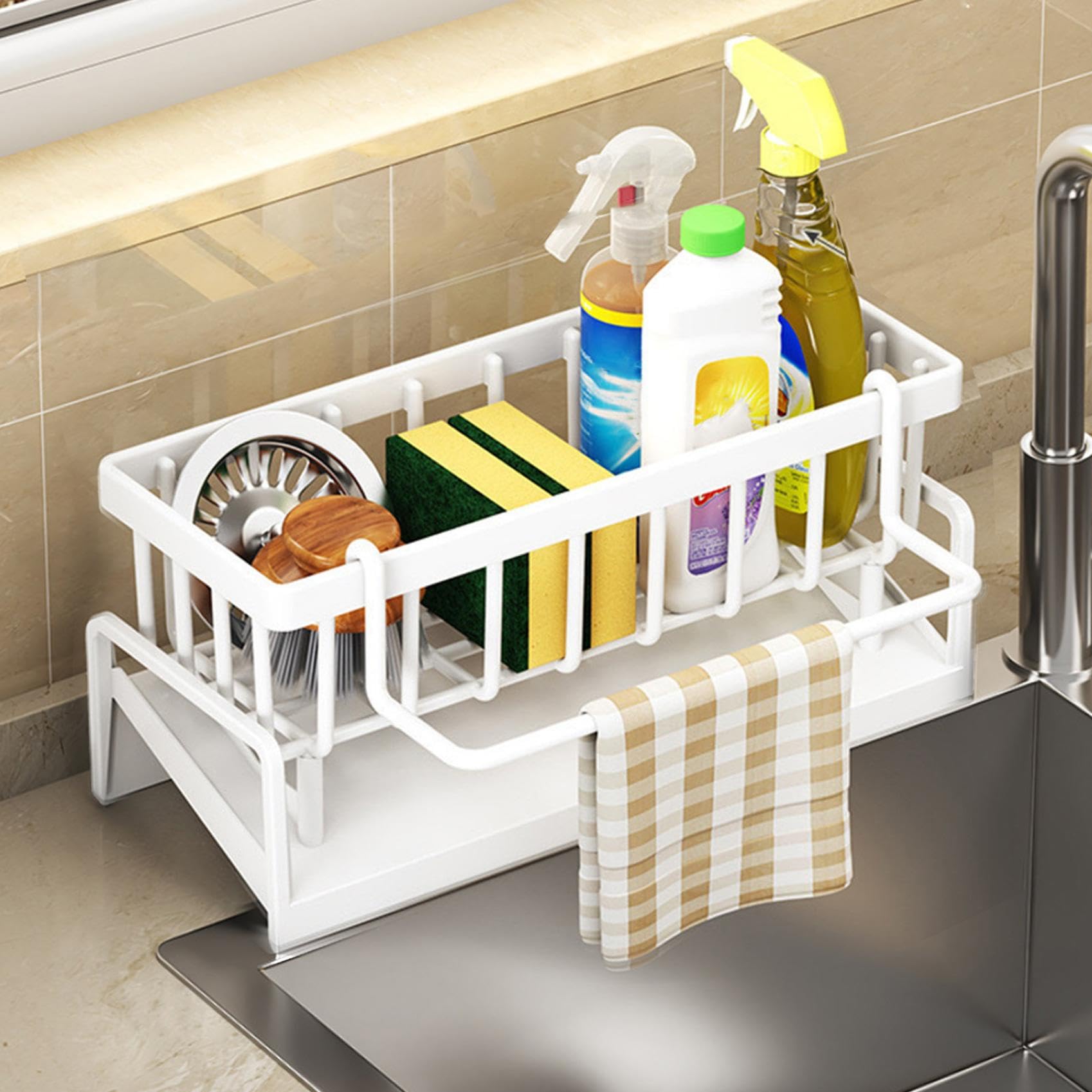 Stainless Steel Kitchen Sponge Holder with Auto Draining Tray 2-in-1 Sink Caddy Organizer for Sponge Brush Rustproof Countertop