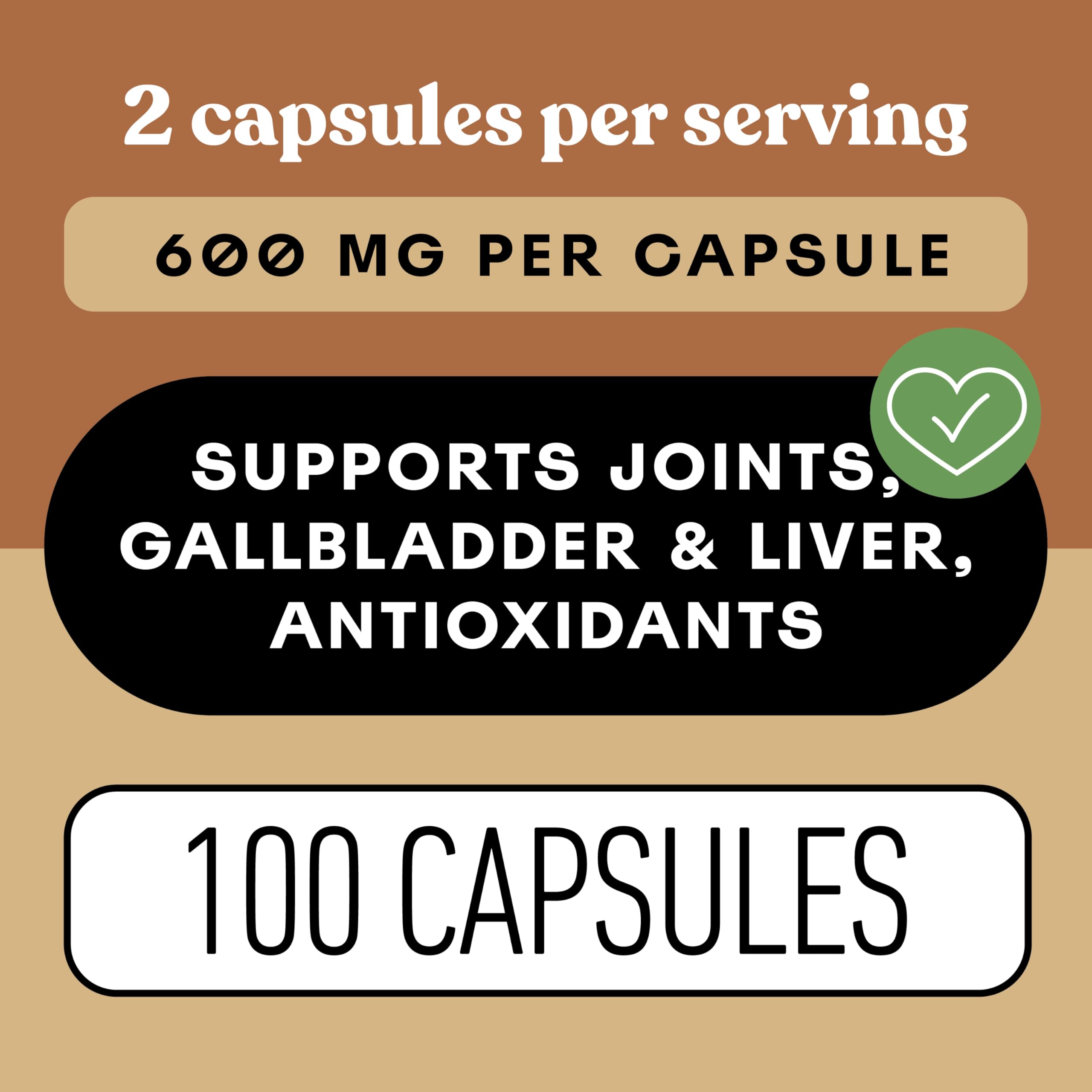 Organic Turmeric Capsules - Raw & Pure Curcumin Root Powder Supplement, 100 Capsules 600mg, Gallbladder, Liver, and Support