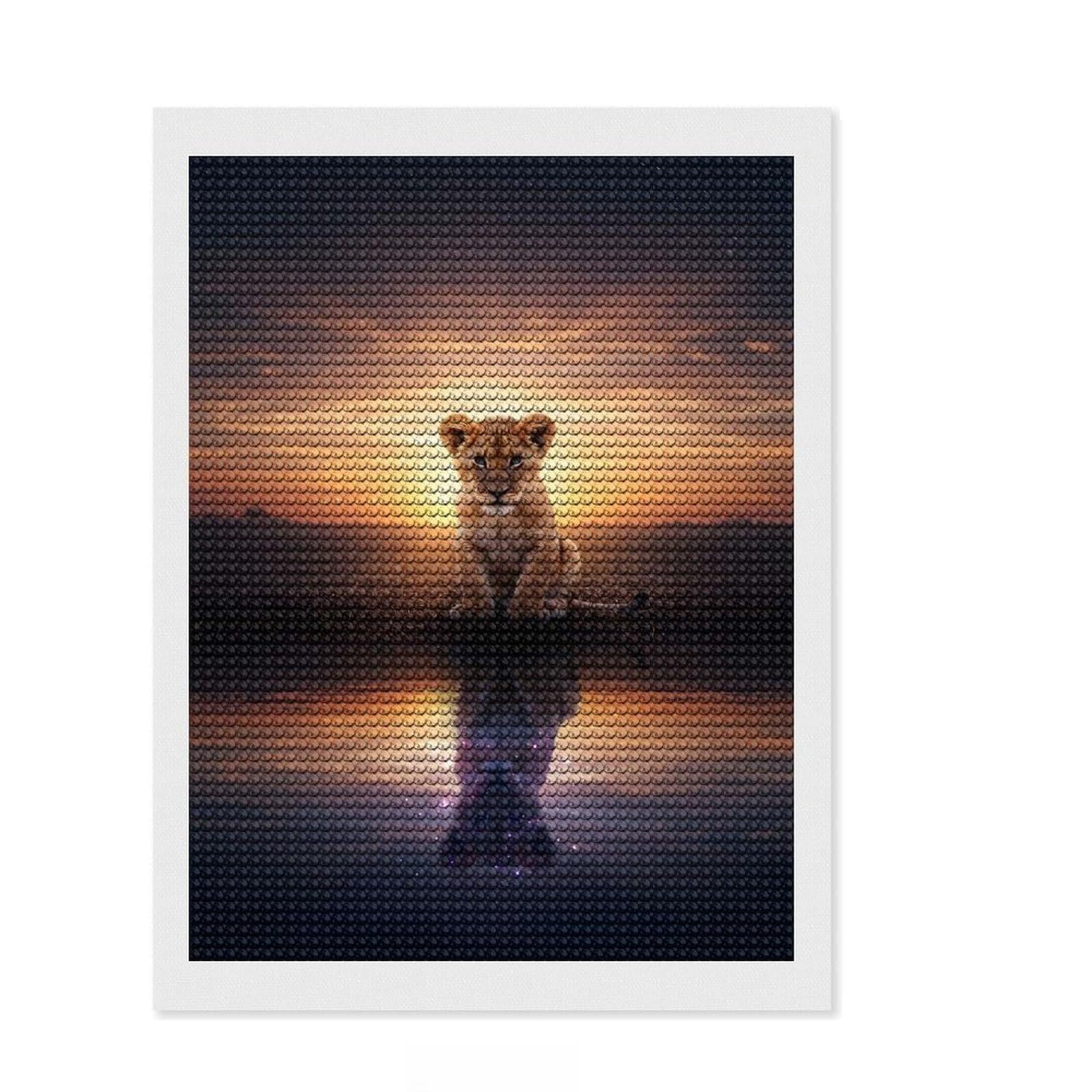 Junmoney Lion Cub Reflection at Sunset Round Drill Diamond Painting 12"x16", for Teens, Relaxing DIY Hobby, Boho Decor, Thoughtful Handmade Gift
