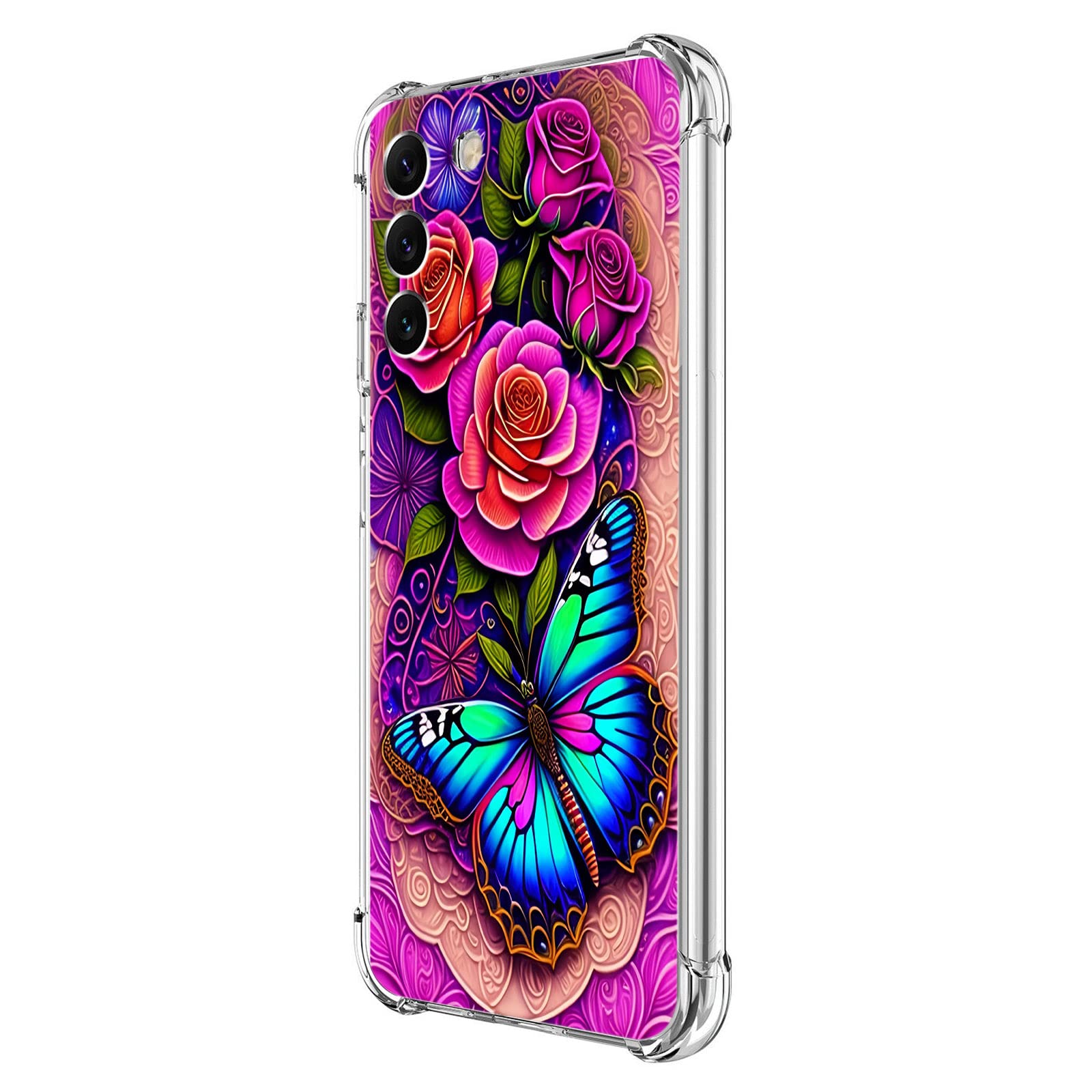 Beaucov Galaxy S23 Plus Case,Blue Butterfly Flowers Rose Drop Protection Shockproof Case TPU Full Body Protective Scratch-Resistant Cover for Samsung