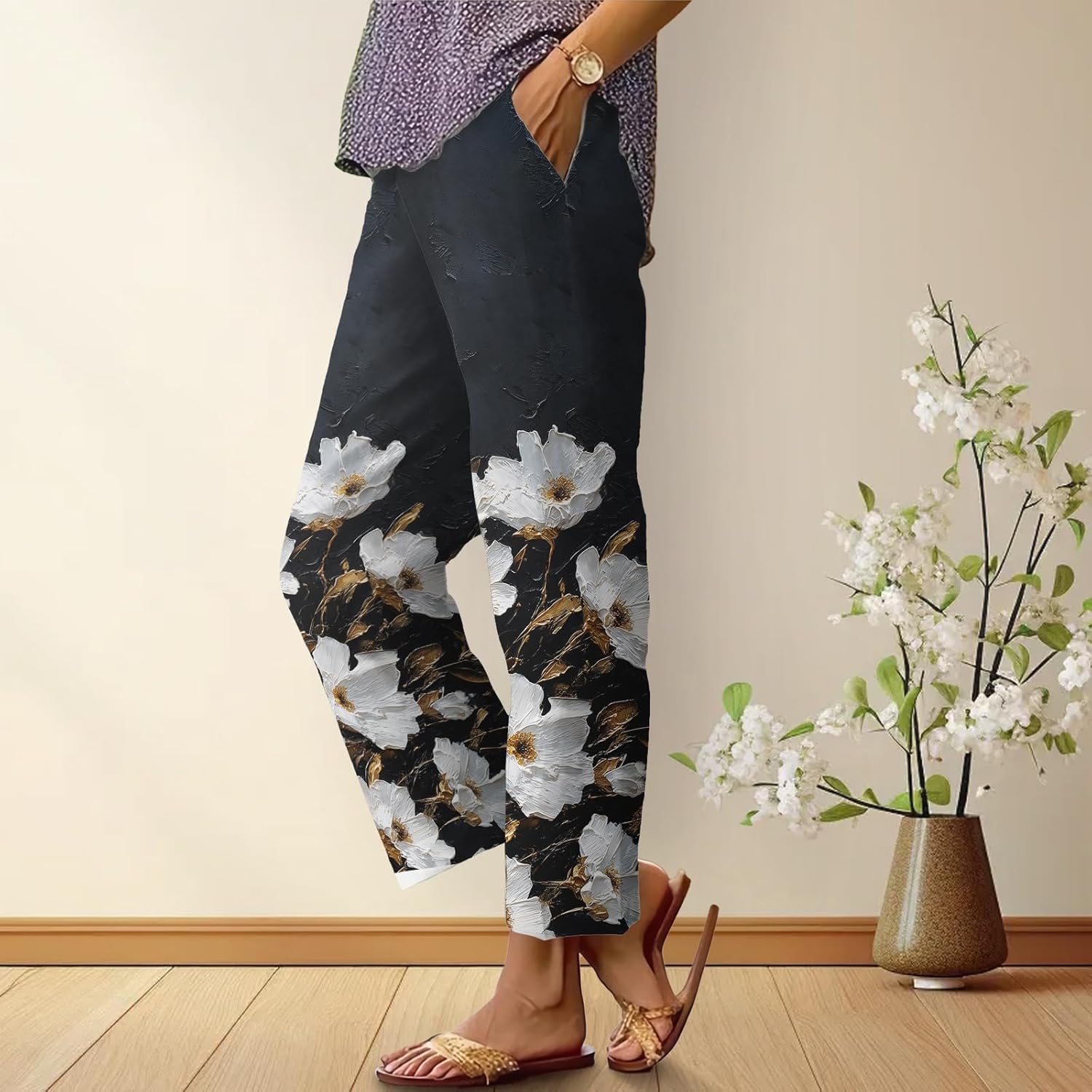 Women's Straight Leg Pants Boho Oil Painting Floral Print Trousers Casual Drawstring High Waist Summer Palazzo Pants - Image 2