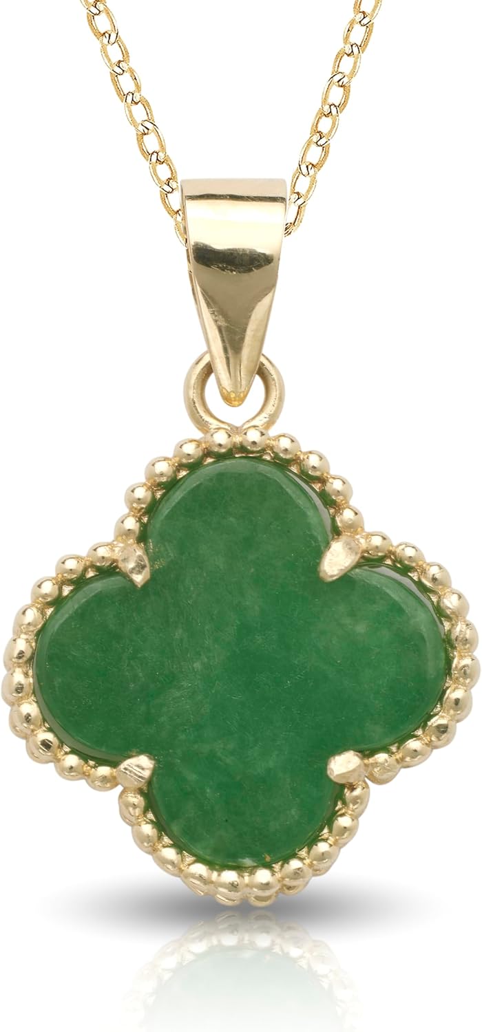 JewelryWeb - Solid 14k Yellow Gold 18" Gemstone Four-Leaf Quatrefoil Beaded Pendant Necklace - 13x20mm - Jade Flower Necklace - Onyx Flower Pendant - Mother of Pearl Jewelry