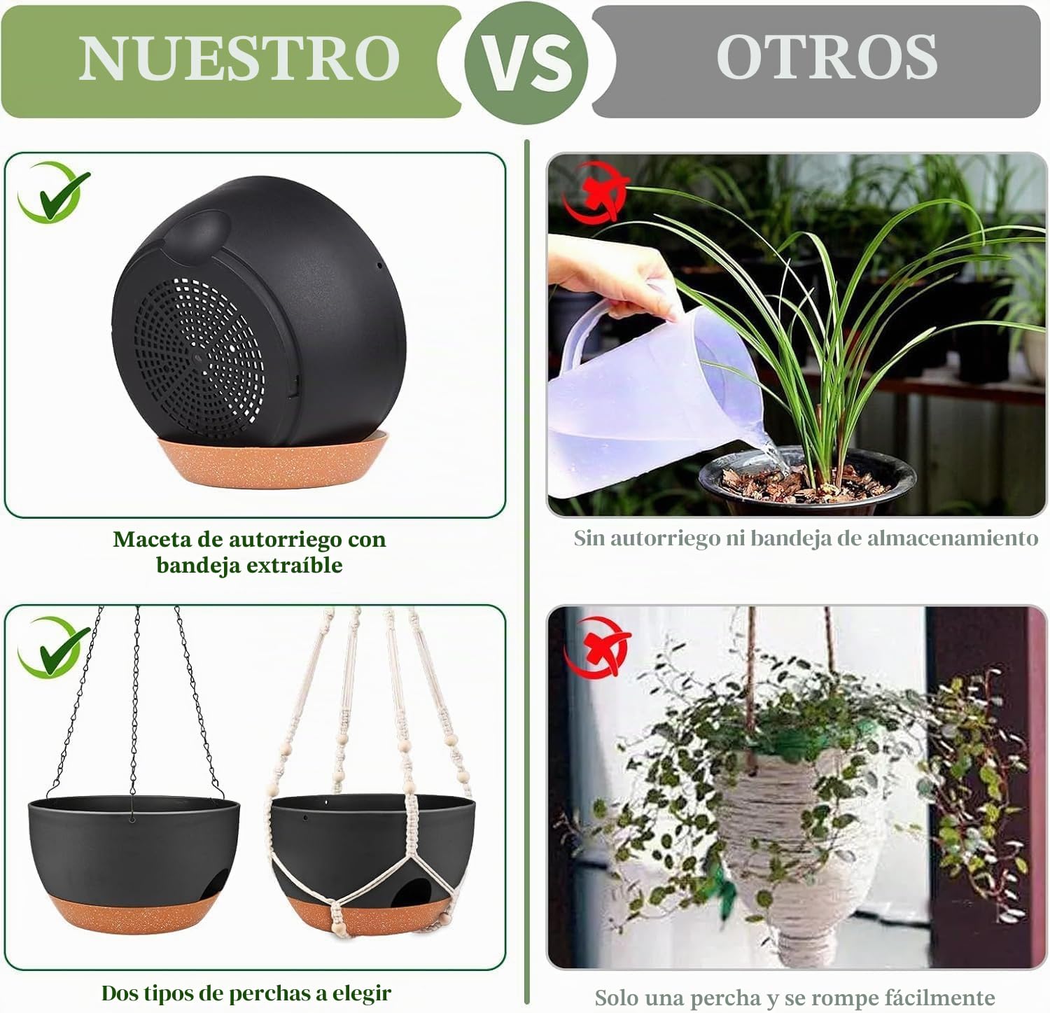 2 Macetas Colgantes Ø24 cm – Juego de 2 macetas Colgantes de plástico con Sistema de riego, Agujeros de Drenaje y Plato extraíble, para Interiores y Exteriores, Gris Oscuro