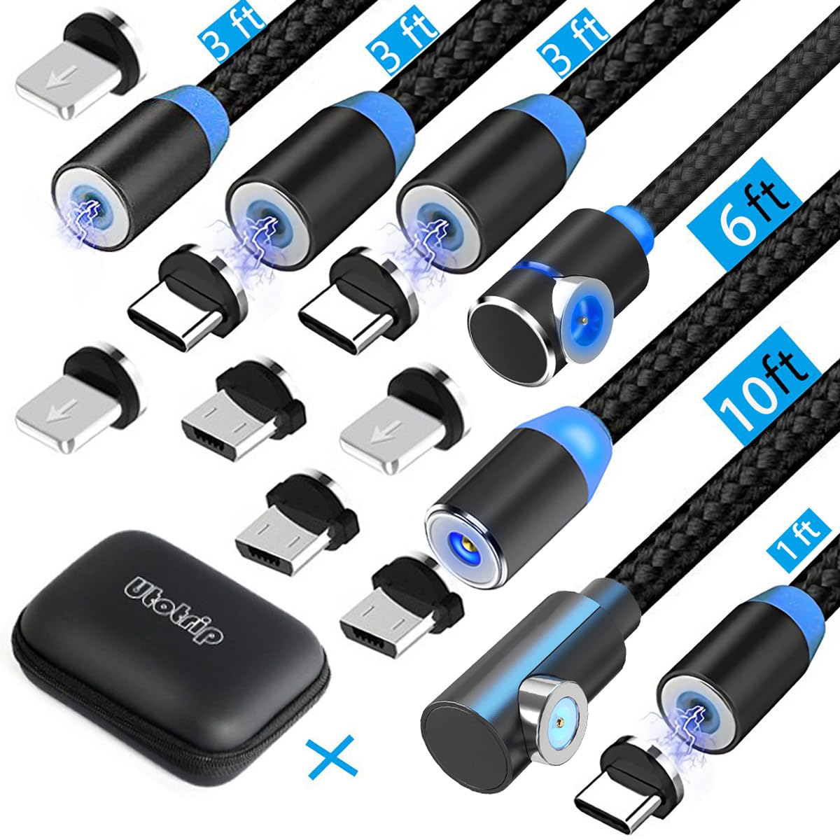 UtotripMagnetic Charging Cable,(7-Pack,1ft/3ft/3ft/3ft/3ft/6ft/10ft) Magnetic Phone Charger,3-in-1 USB Magnetic Cable Compatible Micro USB,Type C(Black,Gen 1)