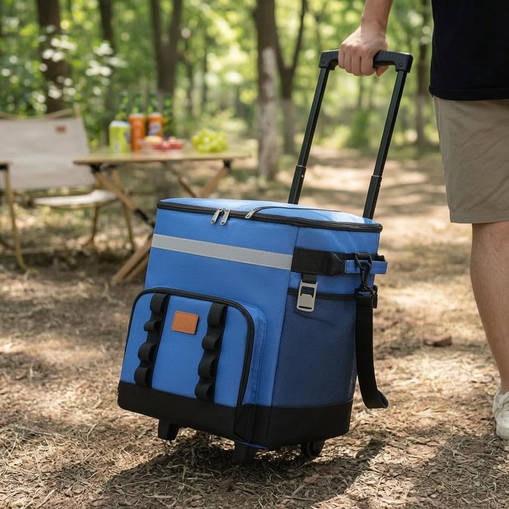 Borsa Termica Porta Pranzo, Borsa Frigo Pieghevole con Ruote, Frigo Portatile, Borsa Mare Grande con Manico, Blu