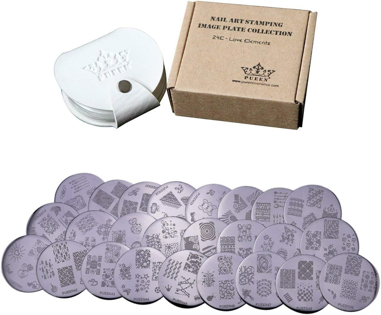 PUEEN Nail Art Stamp Collection Set 24E - LOVE ELEMENTS - NEW Unique Set of 24 Nailart Polish Stamping Manicure Image Plates Accessories Kit (Totaling 144 Images) with BONUS Storage Case-BH000018