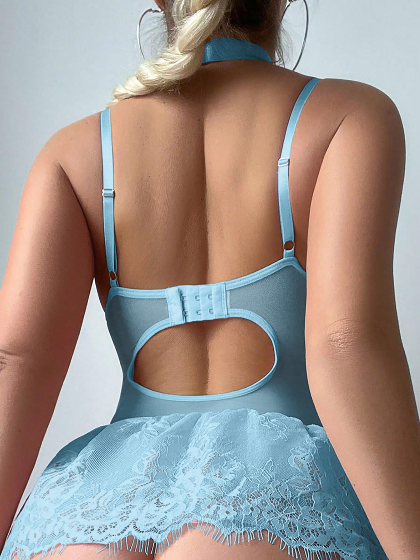 Sexy outfit Seksowny gorset typu choker z fiszbinami, koronkowa przezroczysta podwiązka pończochy komplet bielizny Babydoll ze stringami 4-częściowe stroje