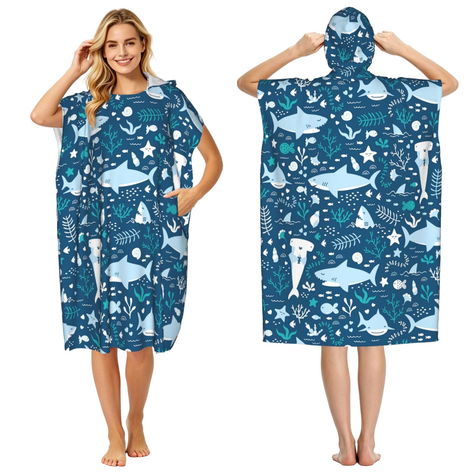 Poadnly Smiling Shark Sea Animals Fishes Starfish Blue, Adult Hooded Beach Towel 90 x 110 cm,Changing Bath Robe, Surf Poncho Towel For Women Men