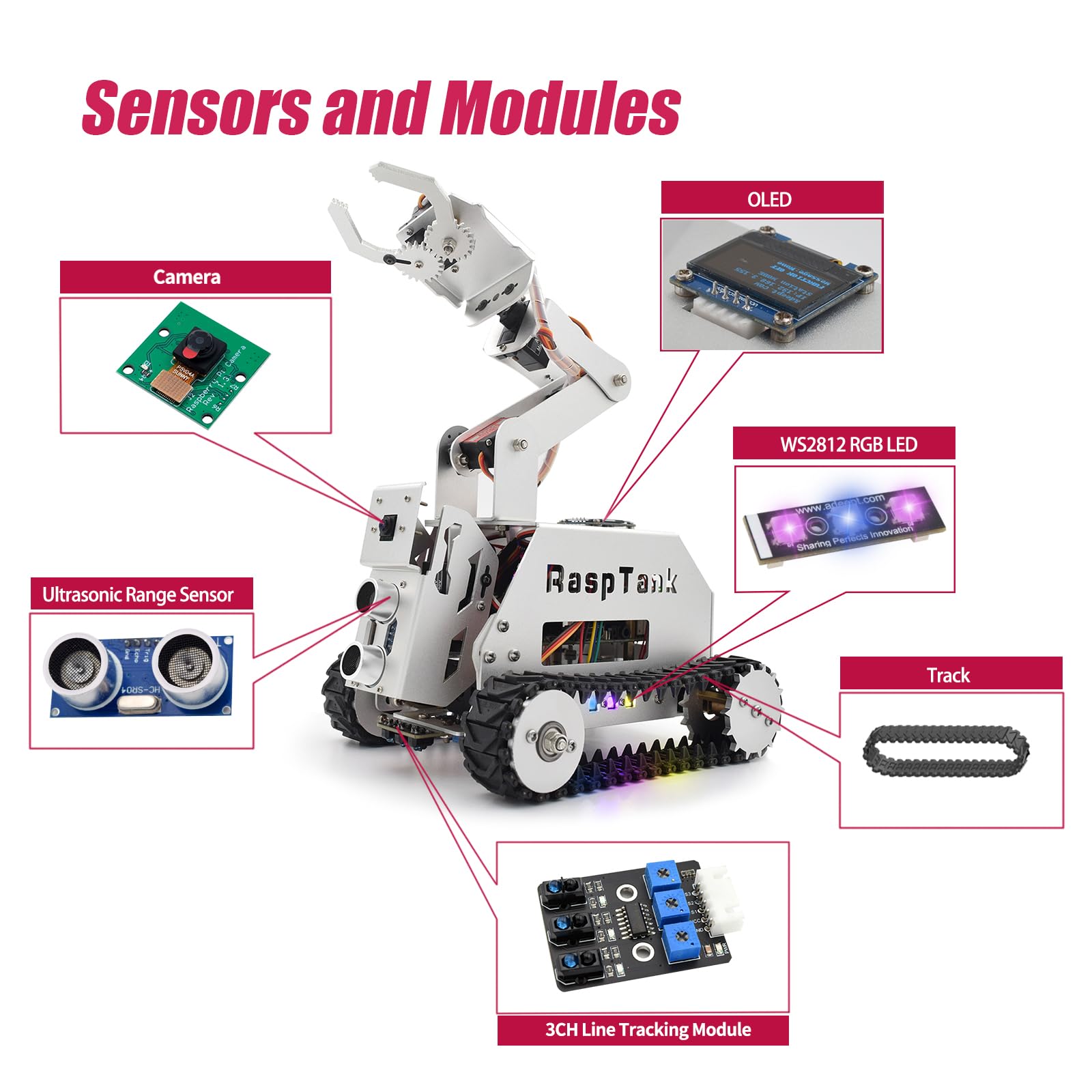Adeept RaspTank Metall Smart Car Kit für Raspberry Pi 5/4B/3B/3B+(Board Nicht enthalten), Tank Tracking Roboter mit 4 DOF Roboterarm, OpenCV, Hindernisvermeidung, Linienverfolgung