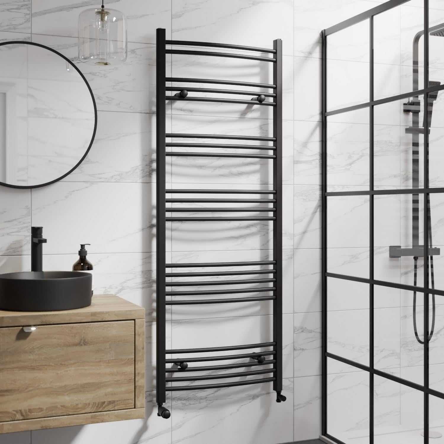 Duratherm Black Duratherm® 1600 X 600Mm Curved Heated Towel Rail Radiator Modern Central Heating Bathroom Warmer Wall Mounted Ladder Rad, Matt
