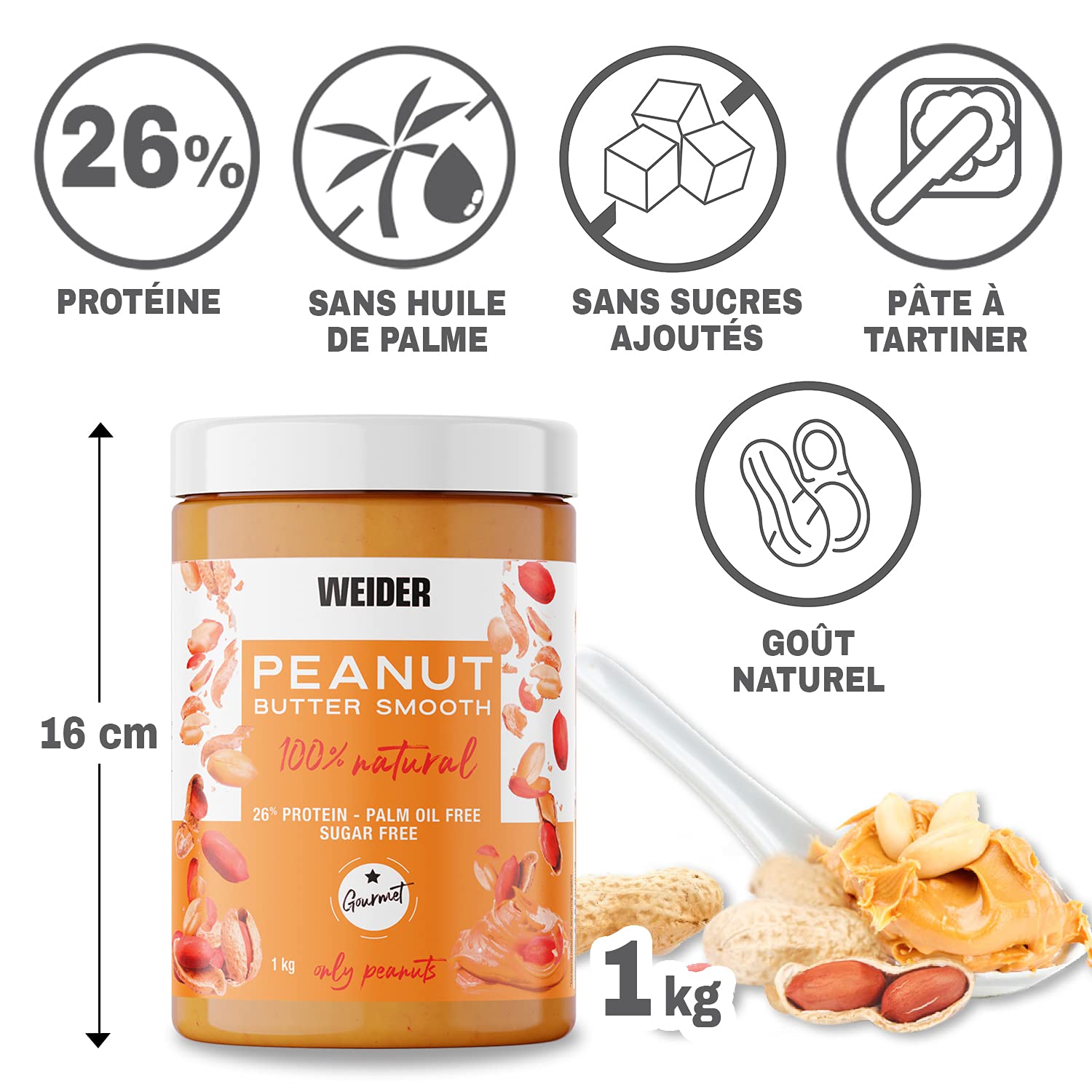 Weider Pack Duo Peanut Butter Smooth (2x1kg) Beurre de Cacahuète 100% Naturel 26% de Protéines Sans Sucre Ajouté Sans Huile de Palme Texture Crémeuse et Sans Morceaux