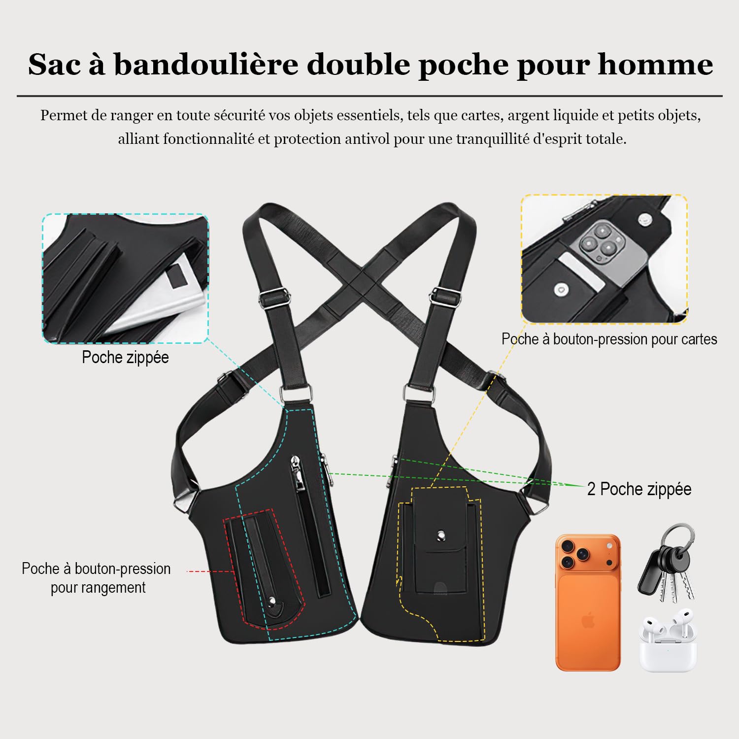 gresonic Sac Bandoulière Double Homme en Cuir Unisexe pour sous Les aisselles, Sac à bandoulière réglable avec Attraction magnétique Faible et Design Anti-vol Discret