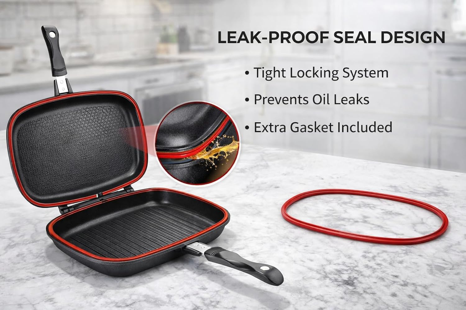 B Unique 32cm Double Sided Nonstick Grill Pan with Locking Lid, Flip Grill Pan for Stovetop, Leak-Proof Seal, Even Heat Cooking, Indoor Grill Pan for Steak, Panini, Sandwich & Vegetables