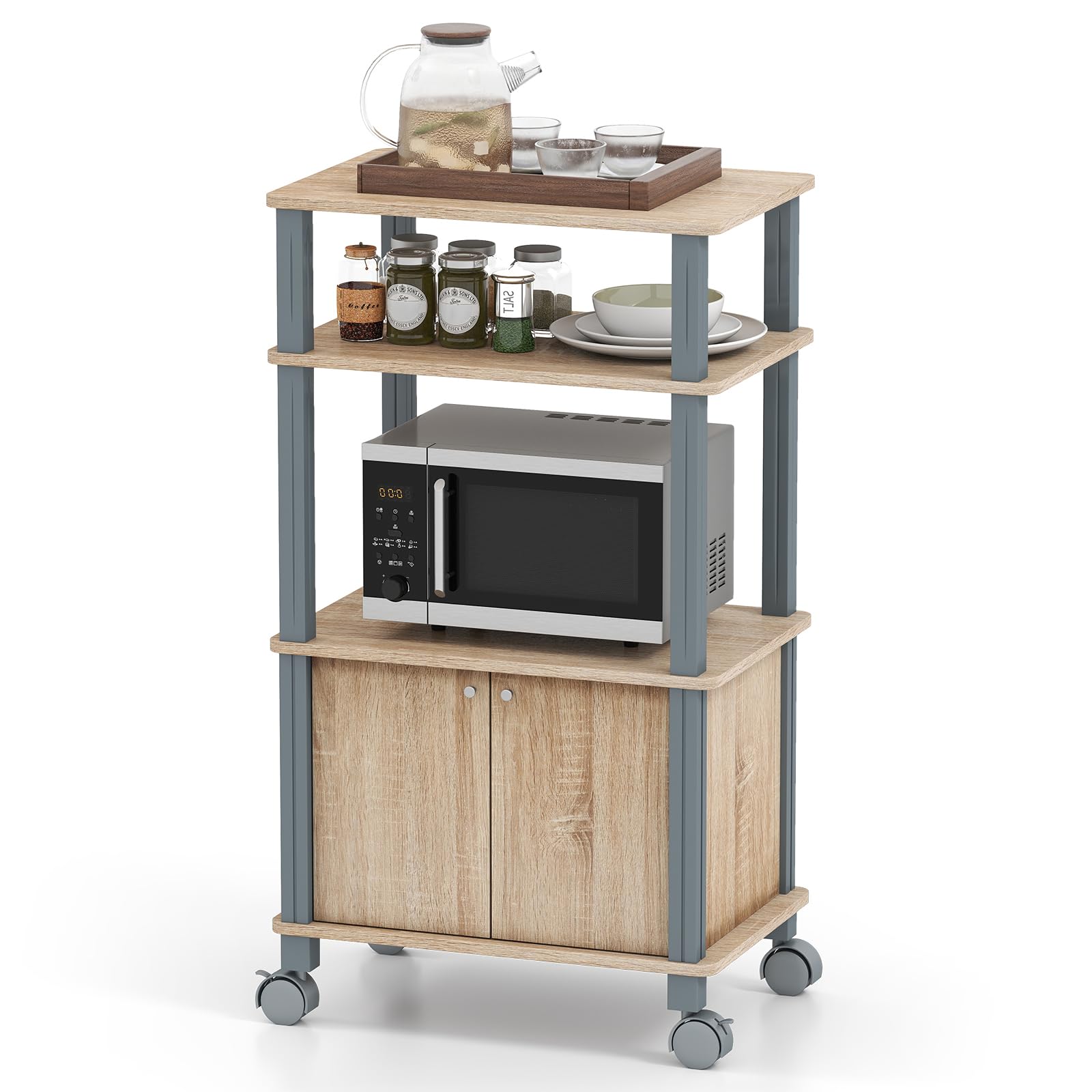 KOMFOTTEU Carrello da Cucina a 3 Livelli per Microonde, Carrello Portaoggetti con Ruote e Armadio con Porta, Carrello di Servizio in Legno, Organizer per Sala da Pranzo, 60 x 40 x 98 cm (Naturale)