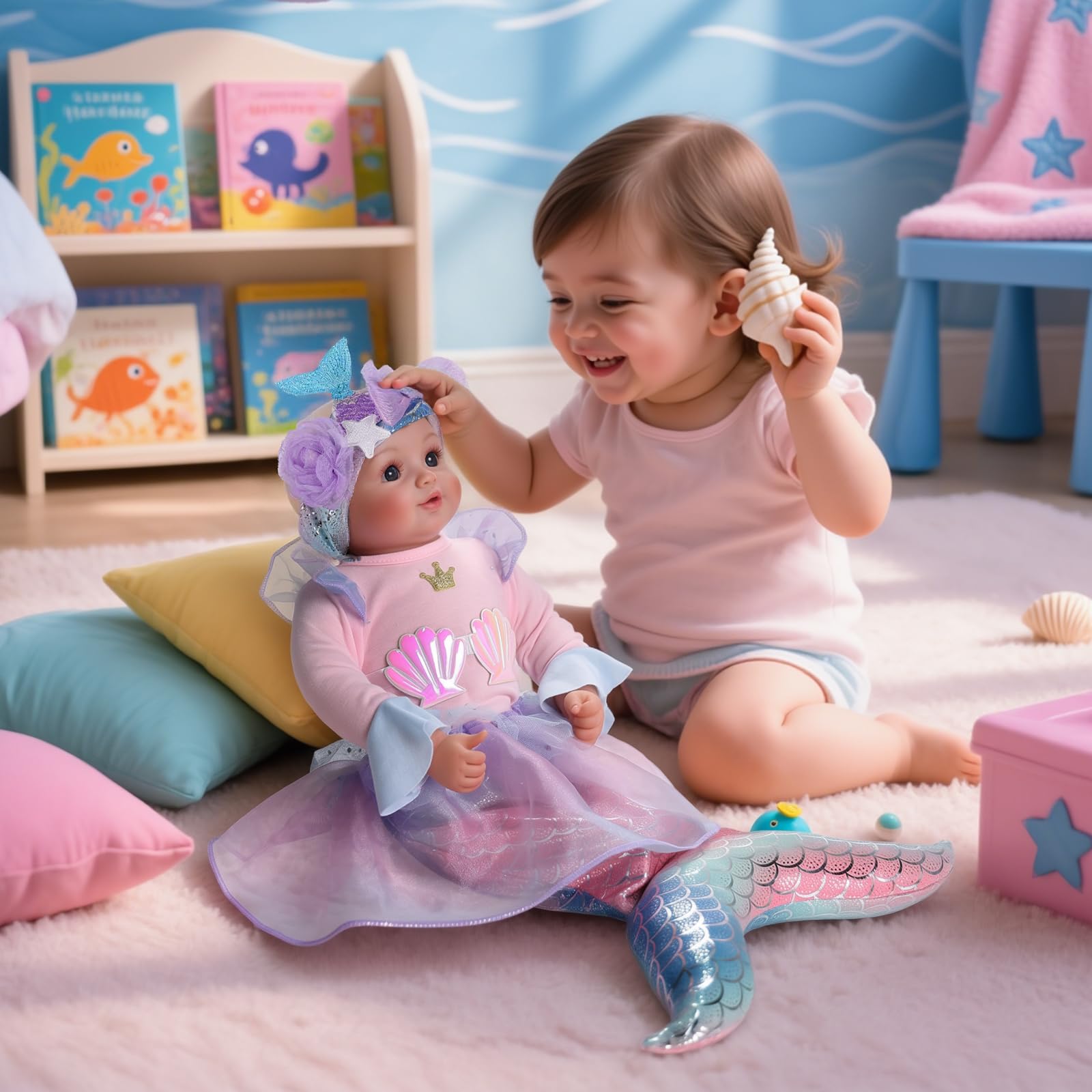 BABESIDE Mermaid Baby Dolls Girl - 15inch Mermaid Toys Realistic Soft Baby Doll Real Life with Sparkling Mermaid Tail & Princess Accessories, Mermaid Toys for Girls 3-10 Girls Gifts, Collection