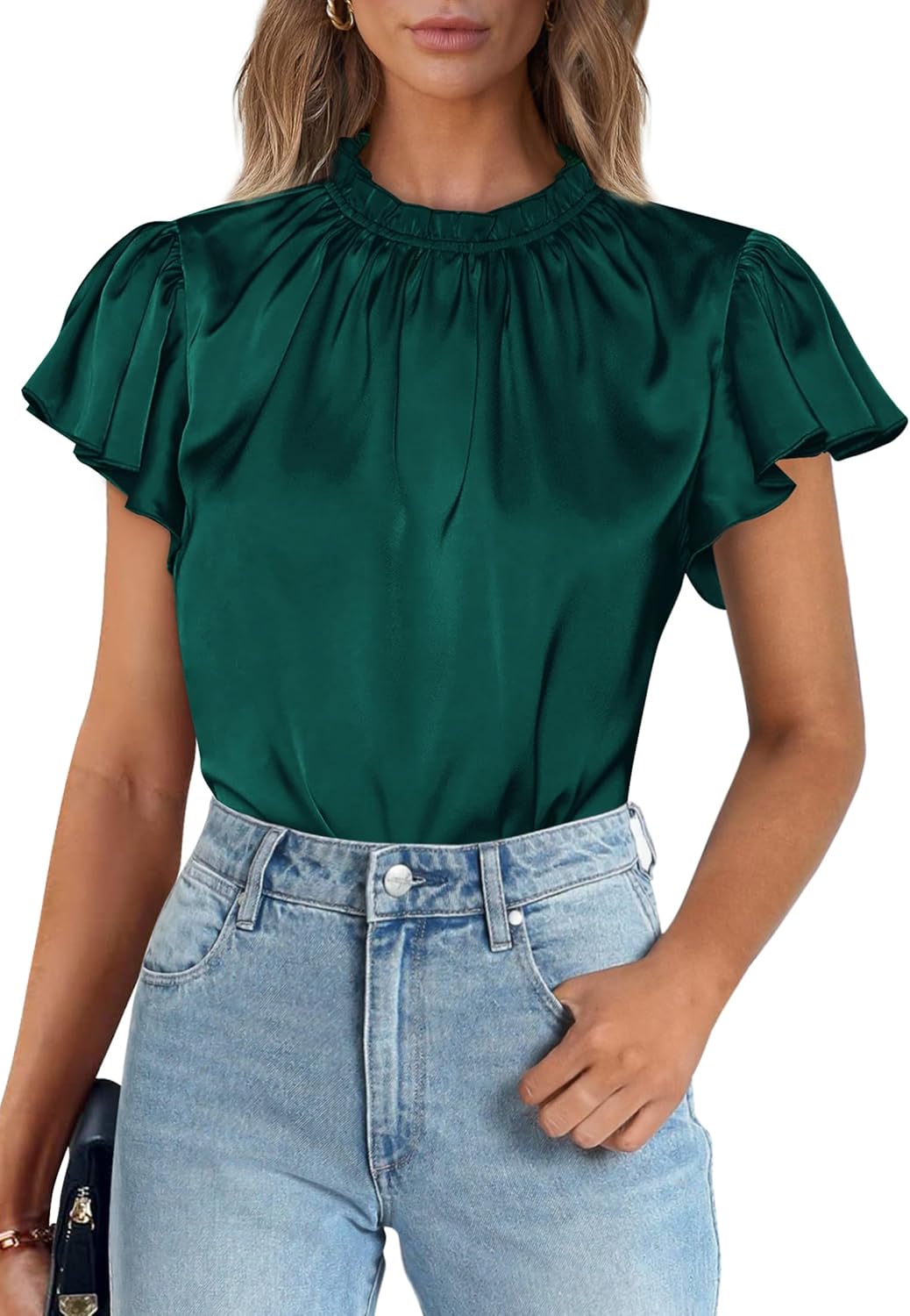 PRETTYGARDEN Business Casual Tops for Women Blouses Dressy 2026 Summer Short Sleeve Ruffle Satin Work Office Attire