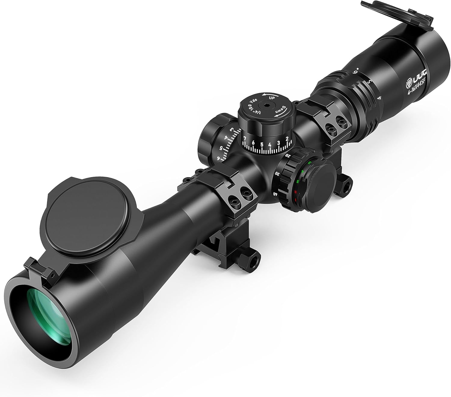 UUQ 4-16X44AO Rifle Scope, Side Focus Parallax for Hunting, Second Focal Plane, 30mm Tube, R/G Illuminated Mil-dot Reticle, Fits 20mm Mounts with Locking Turret, Long Range Optics