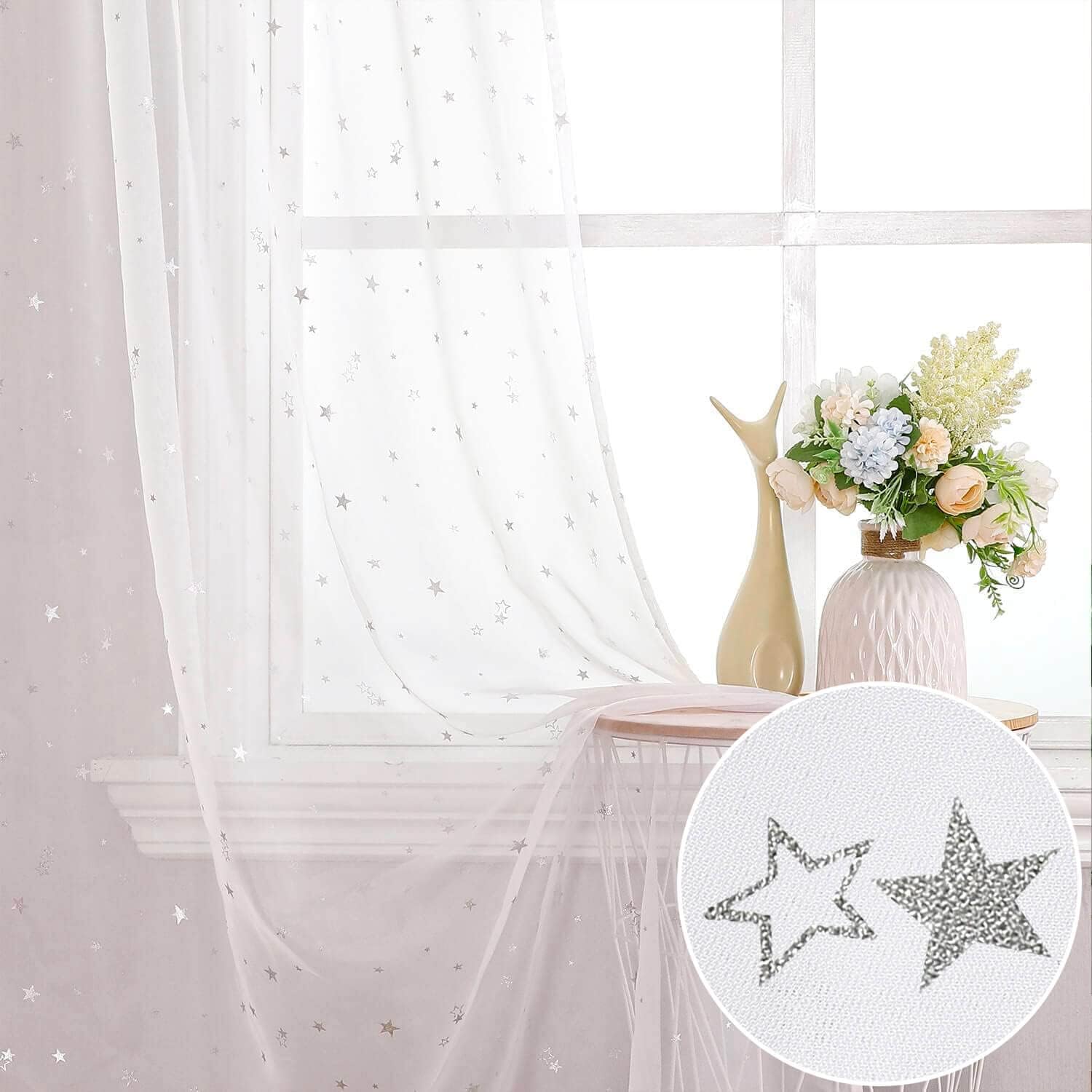 WUBODTI White Sheer Star Curtains for Kids Room 2 Panels, Extra Long Rod Pocket Voile Silver Space Curtain Drapes for Boys Girls Bedroom Living Room Nursery Twinkle Window Treatments 39 x 106 Inch