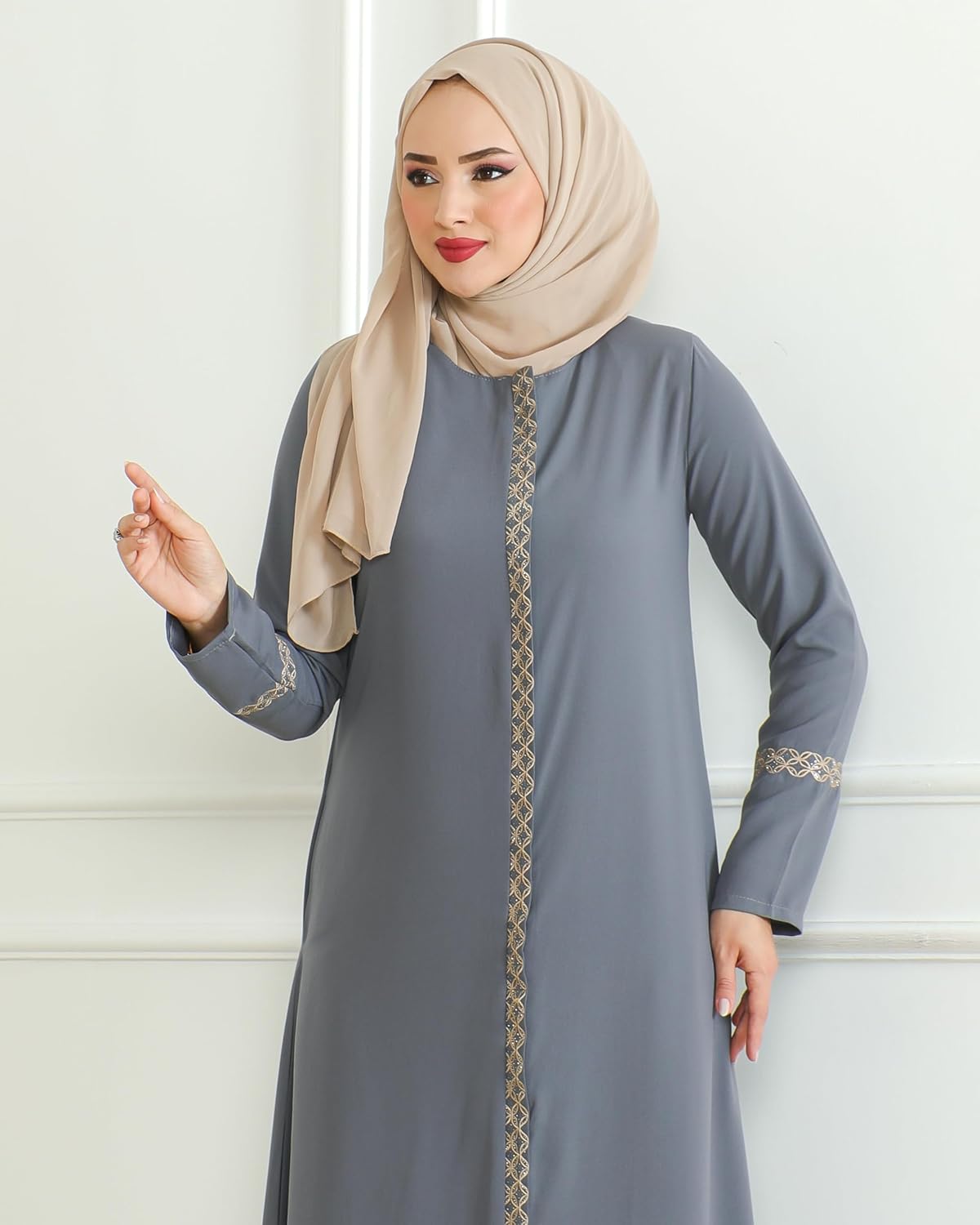 istanbul styles Embroidered Sleeves Abaya with Side Zipper Embroidery Long Sleeve Floor Length Turkish Abaya for Women - Image 5