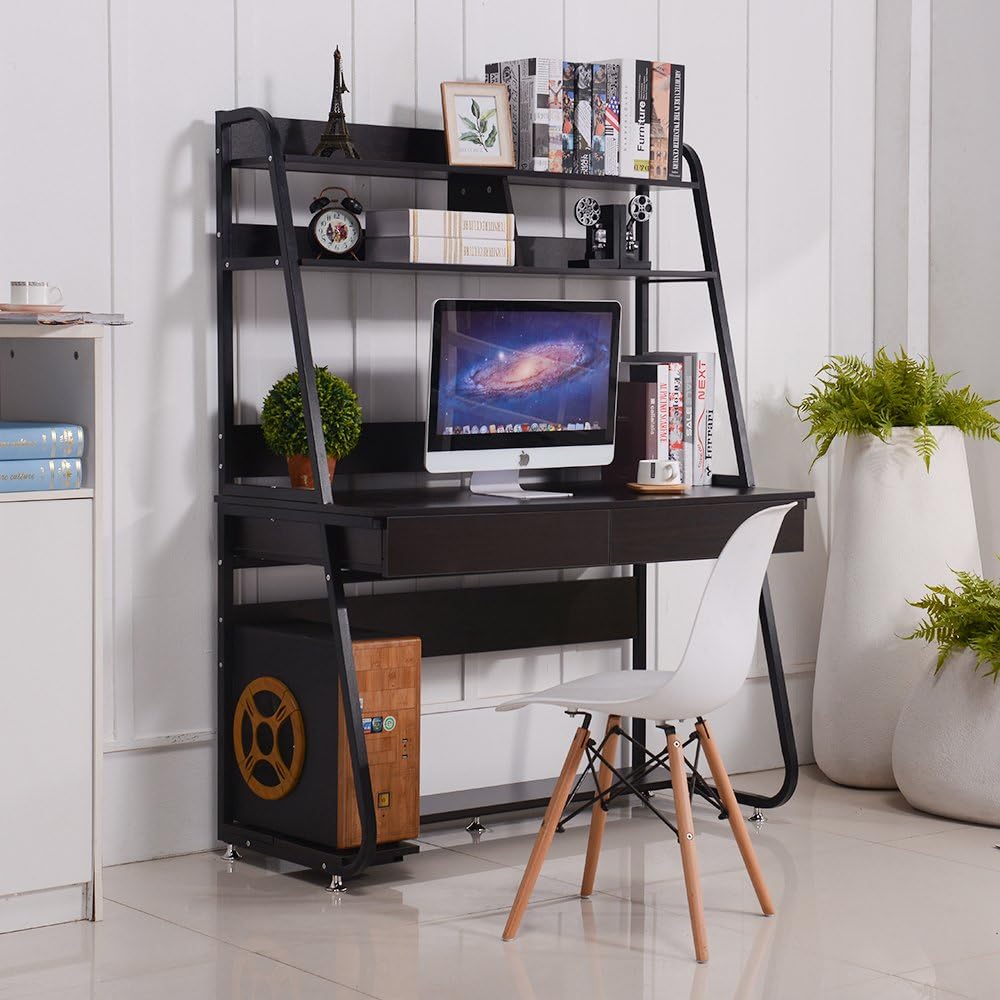 Emall Life Multi-Functional Computer Desk with Bookshelf and Drawers Home Office PC Laptop Study Table (Black Shelf and Black Walnut)