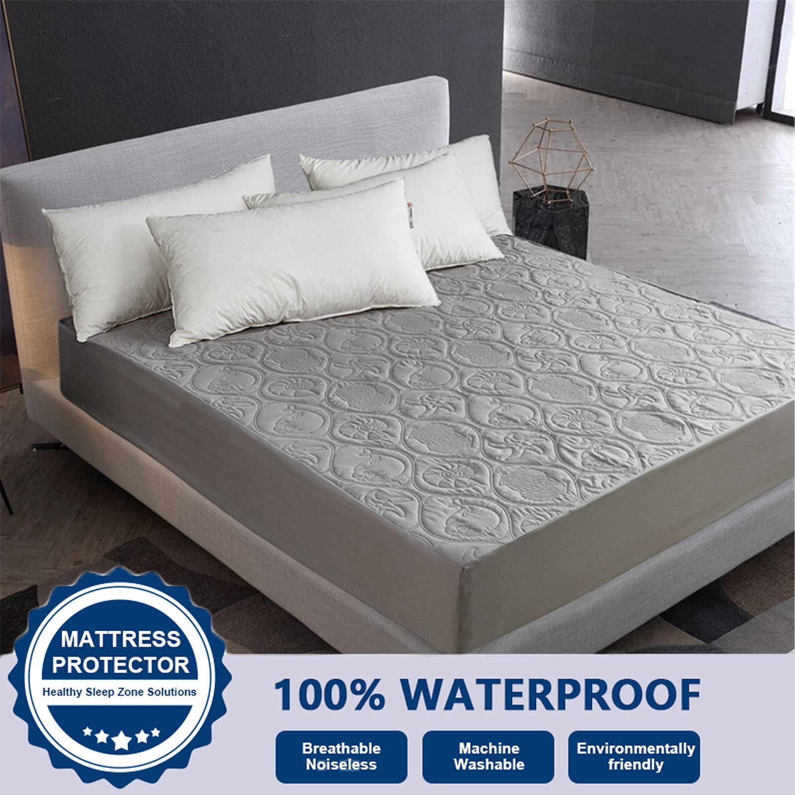 Protector de Colchón Impermeable, Silencioso Cubrecolchón, Ultra Suave y Transpirable, Funda para colchon estira hasta 30 cm de Profundidad (Gris,180 x 190 cm)