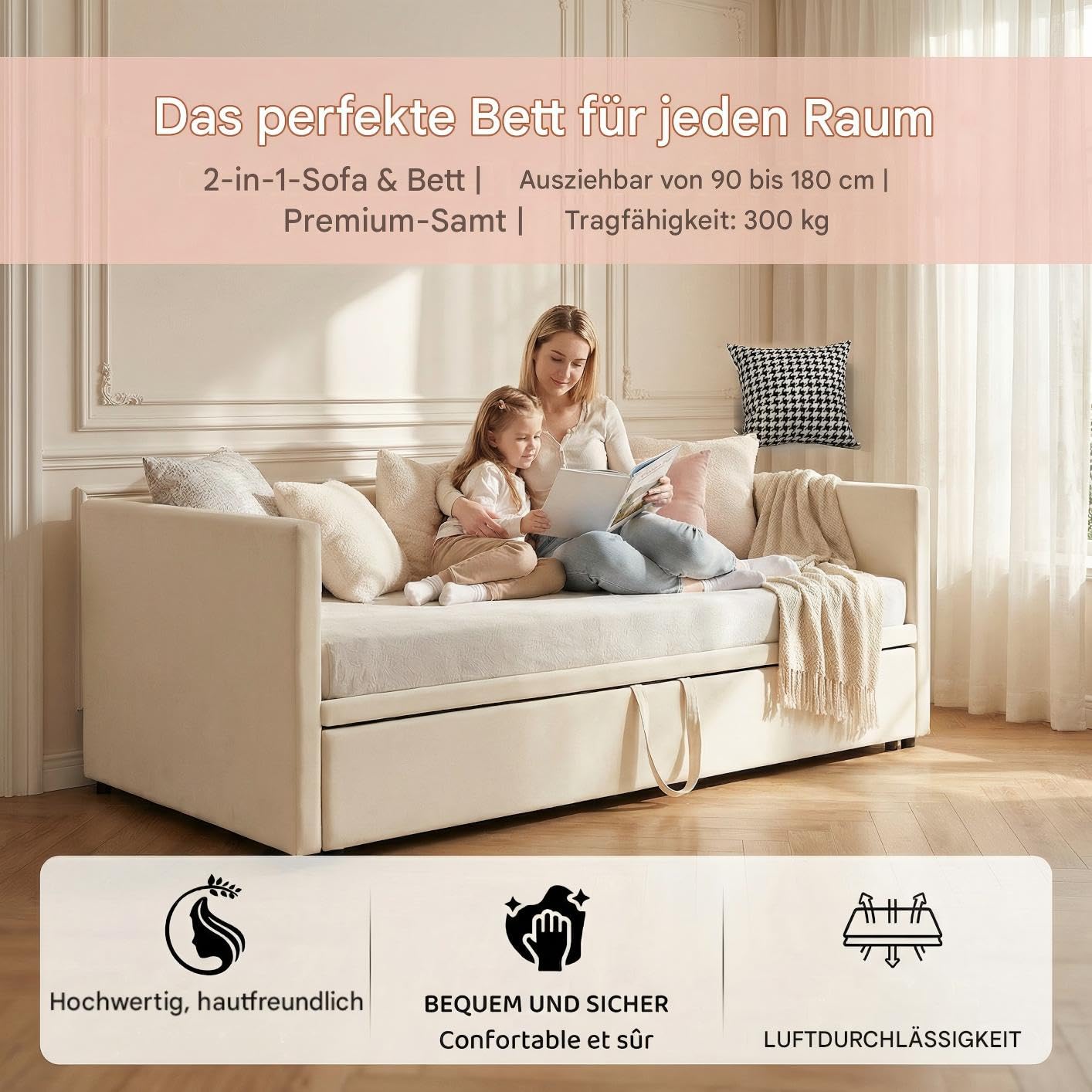 Sofá Cama Extensible, Cama Tapizada 90/180x200 cm, Sofá Cama, Cama Multifunción, Cama de Invitados, Sofa Cama 2 plazas, Cama de Salón con Somier de Láminas (Terciopelo Beige)