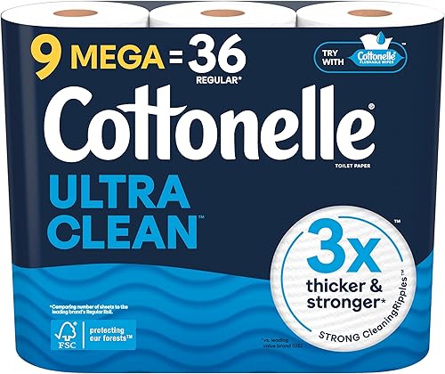 Cottonelle Papel higiénico ultra limpio, 9 megarrollos (9 megarrollos  36 rollos regulares), 284 hojas por rollo, el embalaje puede variar