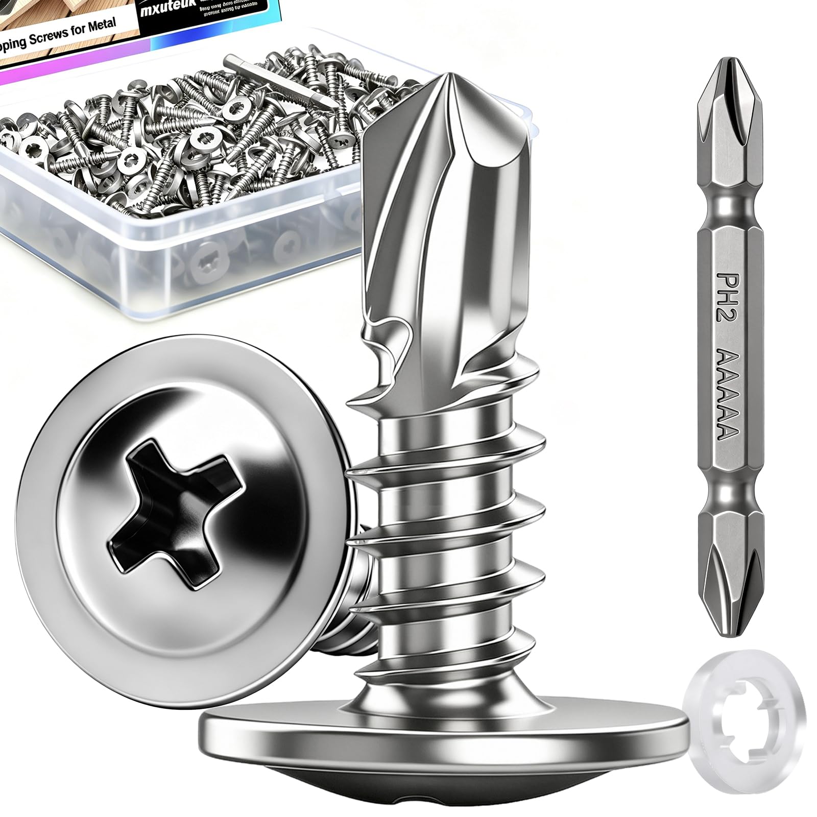 mxuteuk 230PCS #8 Self Tapping Screws for Metal,410 Stainless Steel Self Drilling Screws,1/2",5/8",3/4",1",1-1/4" Truss Head Sheet Metal Screws with Rubber Washers for Metal,Plastic,Wood(115pcs Sets) — Amazon image 25