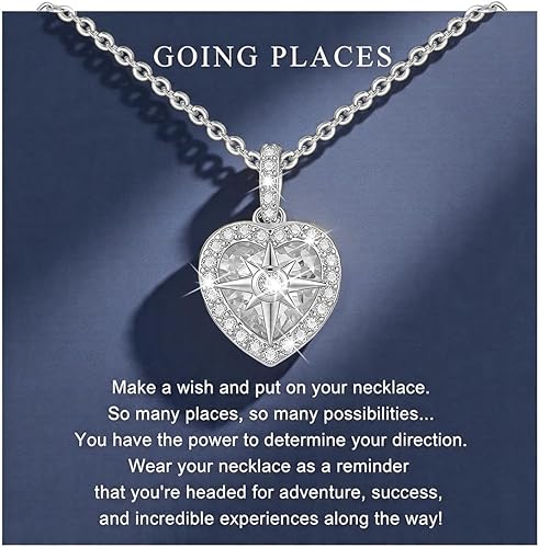 Compass Women's Heart Necklace-Silver/14K Gold Plated Zircon Friendship Compass Pendant Heart Jewellery College Graduation Gifts Necklace for Her/Daughter/Girlfriend/Niece/Granddaughter/Best Friend