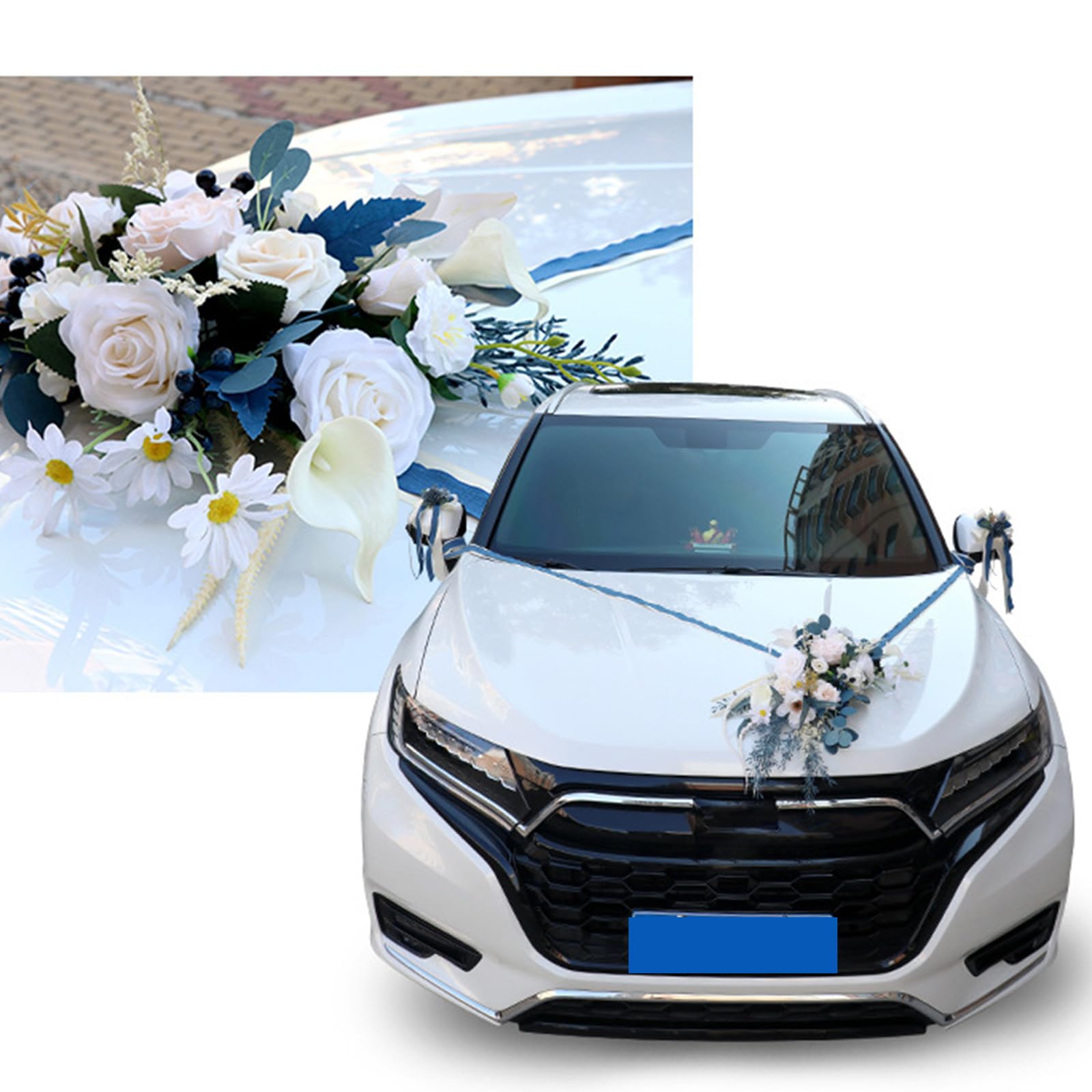 Hochzeitsauto-Dekoration, 7-teiliges Set mit realistischer Kunstblume für Auto-Dekorationen, inklusive Rückansicht und Türknauf