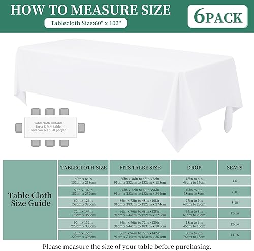 Miniatura 3 de Paquete de 6 manteles rectangulares de poliéster de 60 x 102 pulgadas para mesas de 6 pies, tela lavable, resistente a las manchas y a las arrugas,
