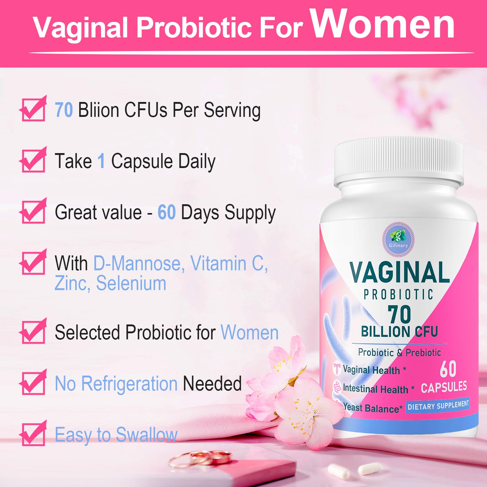 Vaginal Probiotic, 70 Billion CFU, for Odor, Flor & PH Balance, 60 Caps — Amazon image 3