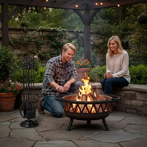 Vista 21 de Tangkula Juego de chimenea de 5 piezas, rústico, resistente, compacto, de hierro forjado, juego de herramientas con pedestal, herramienta de hogar