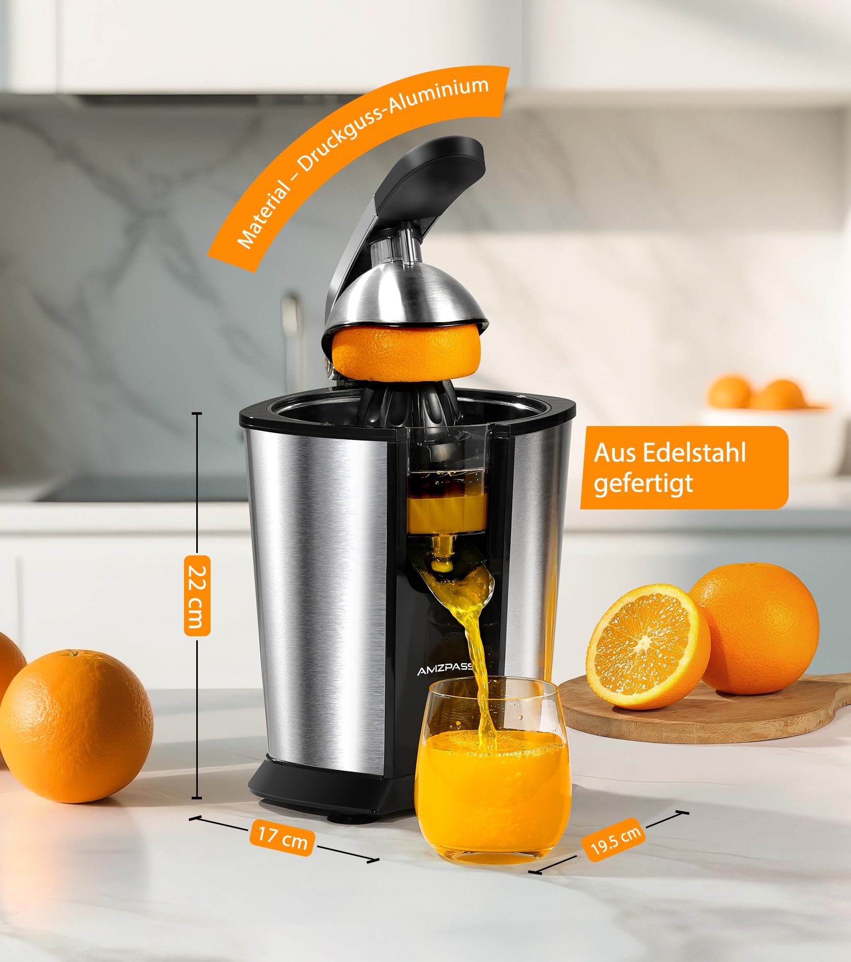 Elektrischer Zitruspresse, Zitrusentsafter mit 2 Aufsätzen und Soft-Griff für müheloses Entsaften, Geräuscharmer Edelstahl-Entsafter für Limette, Grapefruit & Zitrone, Schwarz