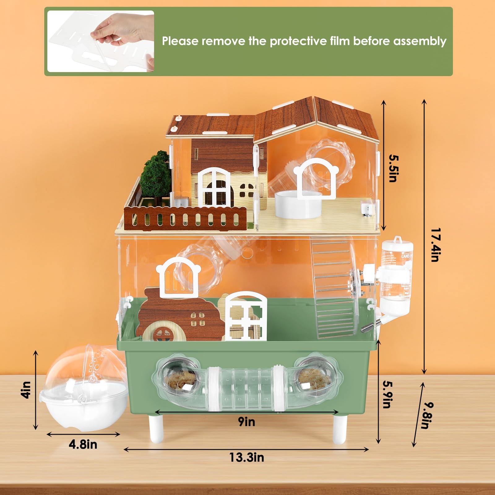 Acrylic Hamster Cage Large Hamster Habitat Dwarf Hamster Enclosure, 13.3''* 9.8''* 17.4'' Clear Pet Mice House for Syrian Small Hamsters, Green
