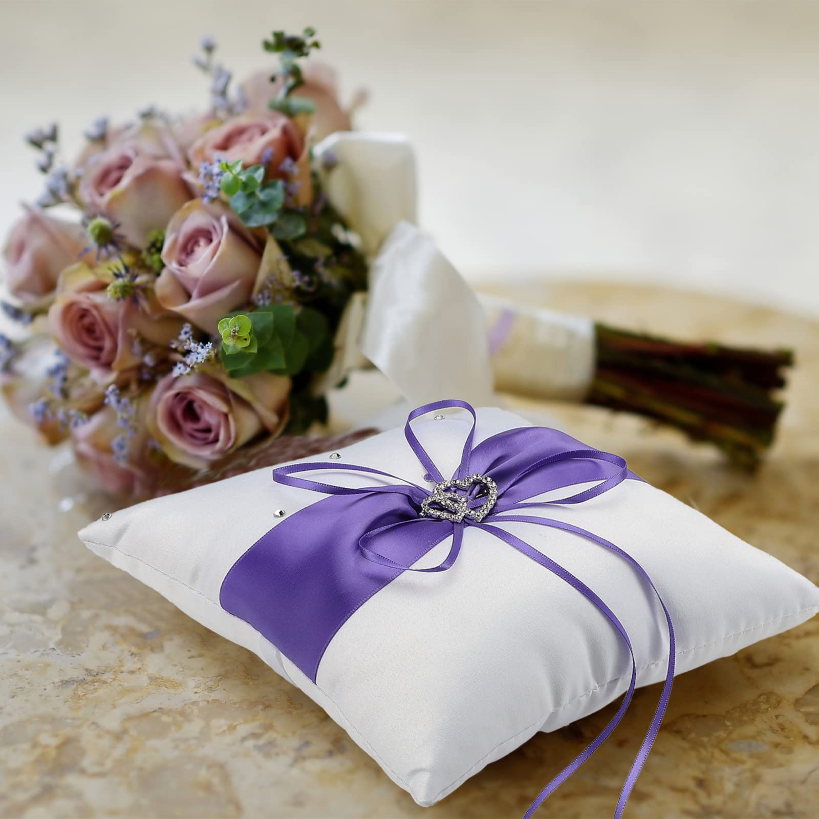 Almohada portadora de anillos de boda y cesta de niña de flores, cesta de pétalos de satén con diamantes de imitación para propuesta, compromiso, ceremonia de boda