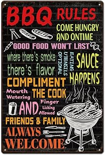 SUPERDANT BBQ Rules Tin Sign Always Welcome Metal Tin Sign BBQ Quotes Metal Sign Vintage Kitchen Metal Wall Art Poster Funny Signs and Plaque for Kitchen Bars Pub Man Cave