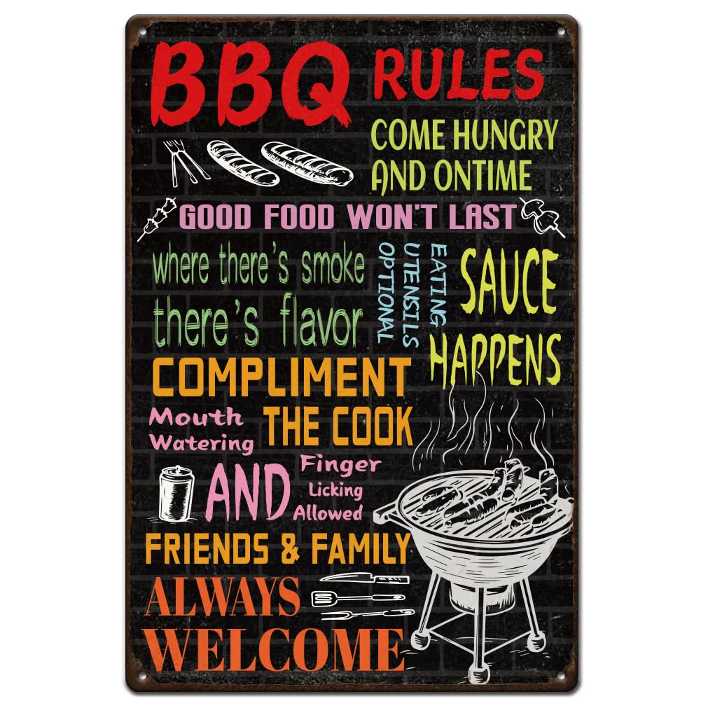 peiyeety BBQ Rules Tin Sign Welcome Metal Tin Sign BBQ Quotes Metal Sign Vintage Kitchen Metal Wall Art Poster Funny Signs and Plaque for Kitchen Bars Pub Man Cave 8x12 Inch