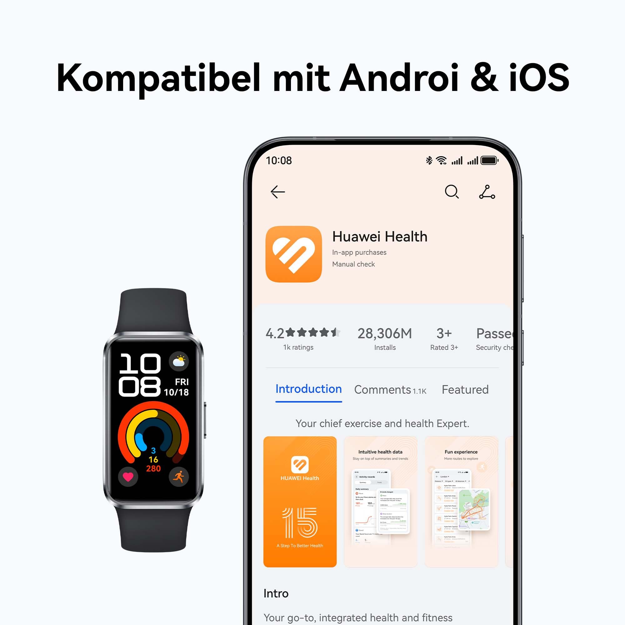 HUAWEI Band 10, Schlankes Gehäuse aus Polymermaterialien, Tragekomfortarmband, Professionelle Schlafanalyse, KI-gestütztes Fitness-Tracking, Schnelles Aufladen, Kompatibel mit Android & iOS, Schwarz